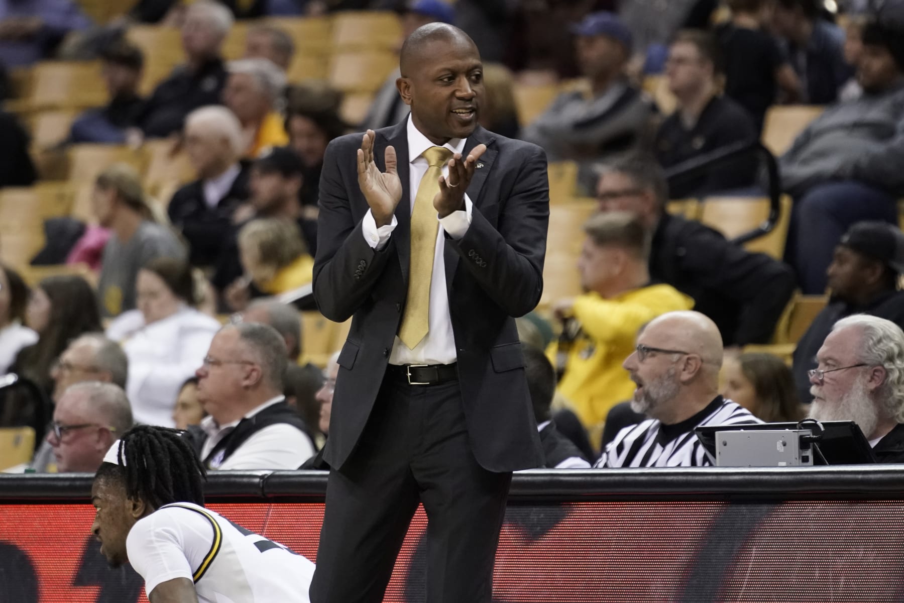COLUMBIA, MO - NOVEMBER 23:  Head coach Dennis Gates of the Missouri Tigers cheers on his team against the Coastal Carolina Chanticleers at Mizzou Arena on November 23, 2022 in Columbia, Missouri. (Photo by Ed Zurga/Getty Images)