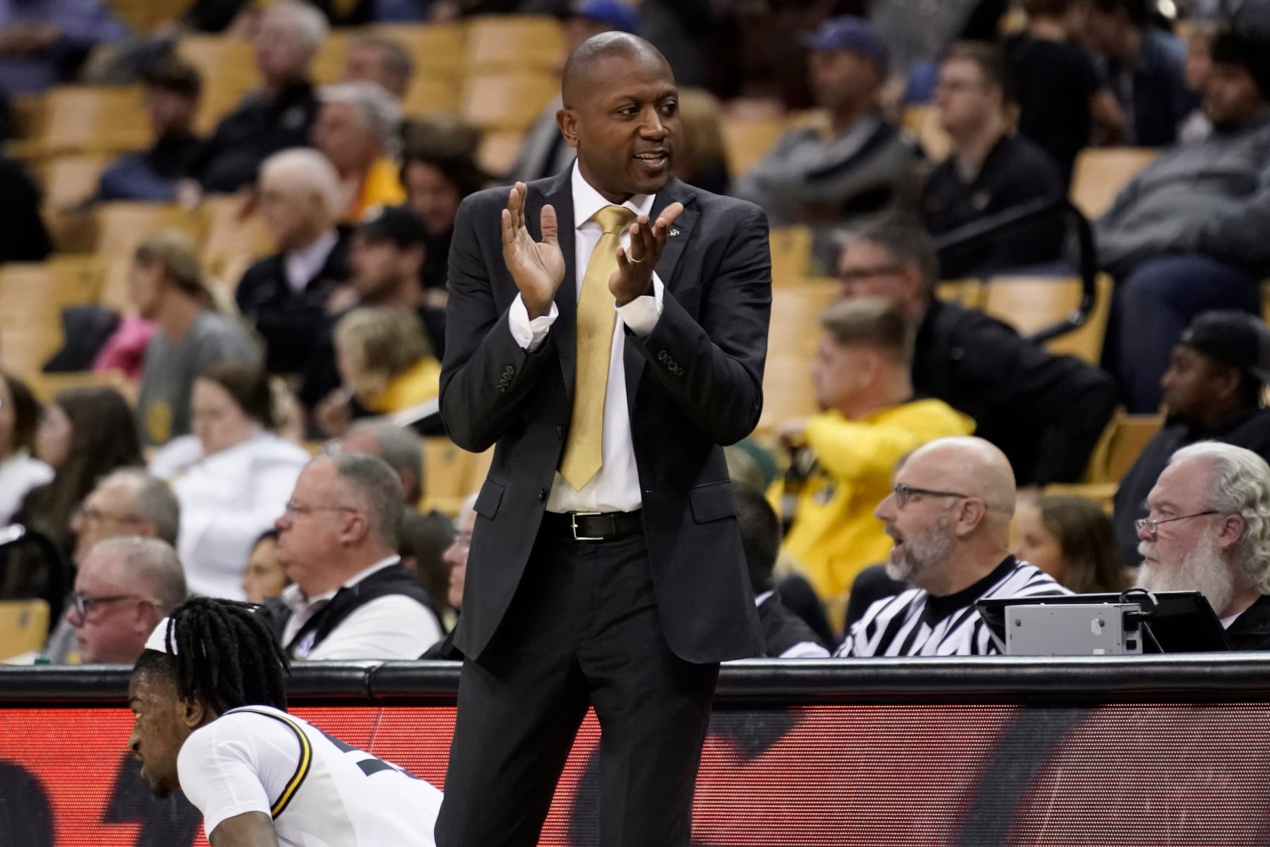 COLUMBIA, MO - NOVEMBER 23:  Head coach Dennis Gates of the Missouri Tigers cheers on his team against the Coastal Carolina Chanticleers at Mizzou Arena on November 23, 2022 in Columbia, Missouri. (Photo by Ed Zurga/Getty Images)