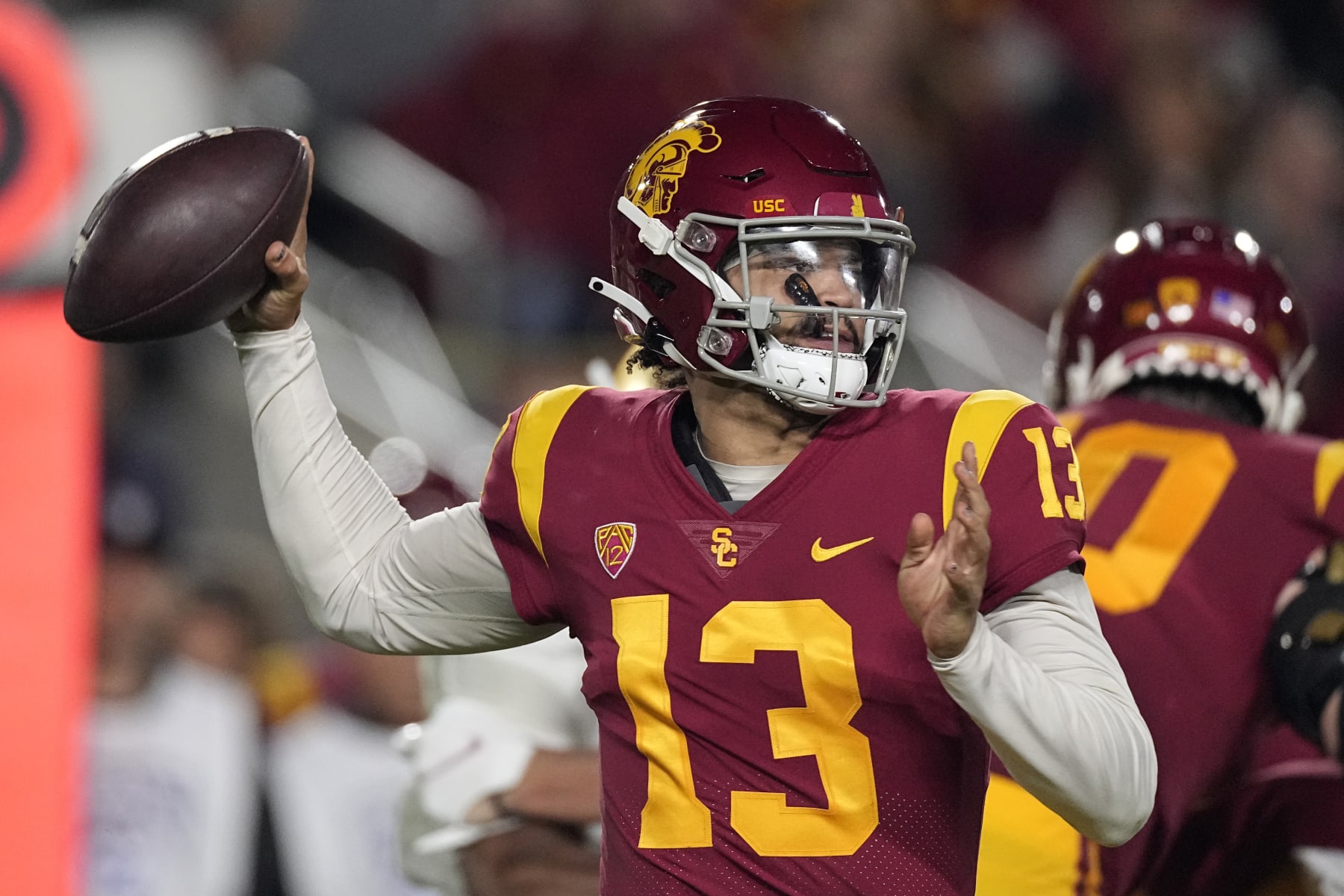 Southern California quarterback Caleb Williams passes during the first half of an NCAA college football game against Notre Dame Saturday, Nov. 26, 2022, in Los Angeles. (AP Photo/Mark J. Terrill)