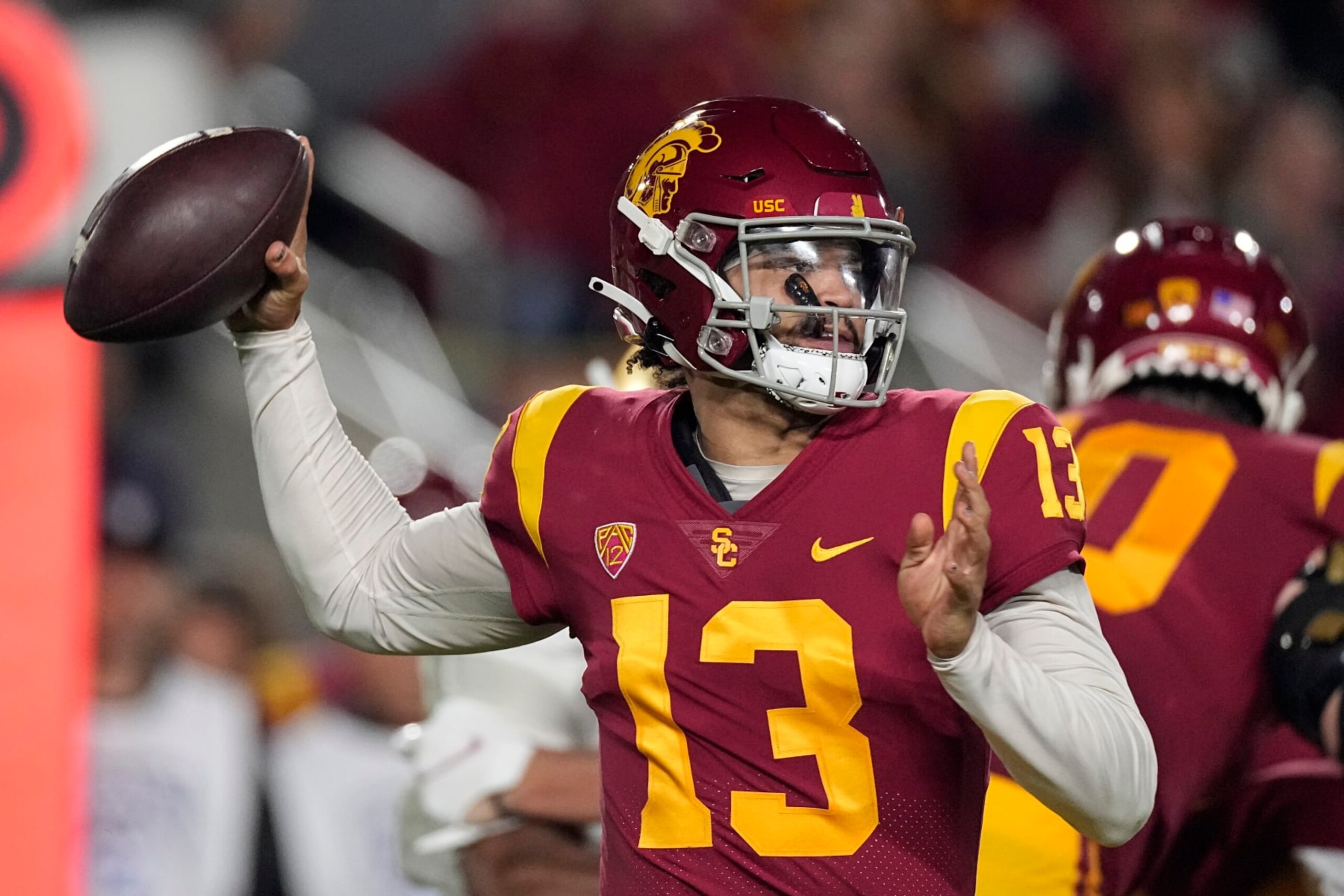 Southern California quarterback Caleb Williams passes during the first half of an NCAA college football game against Notre Dame Saturday, Nov. 26, 2022, in Los Angeles. (AP Photo/Mark J. Terrill)