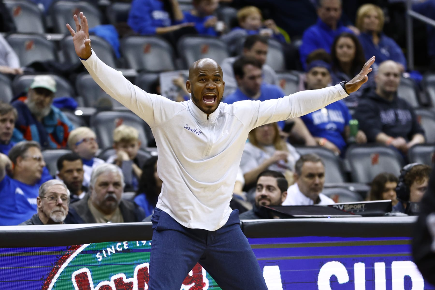 NEWARK, NJ - NOVEMBER 20: Head coach Shaheen Holloway of the Seton Hall Pirates in action against the Wagner Seahawks during a game at Prudential Center on November 20, 2022 in Newark, New Jersey. Seton Hall defeated Wagner 82-44. (Photo by Rich Schultz/Getty Images)