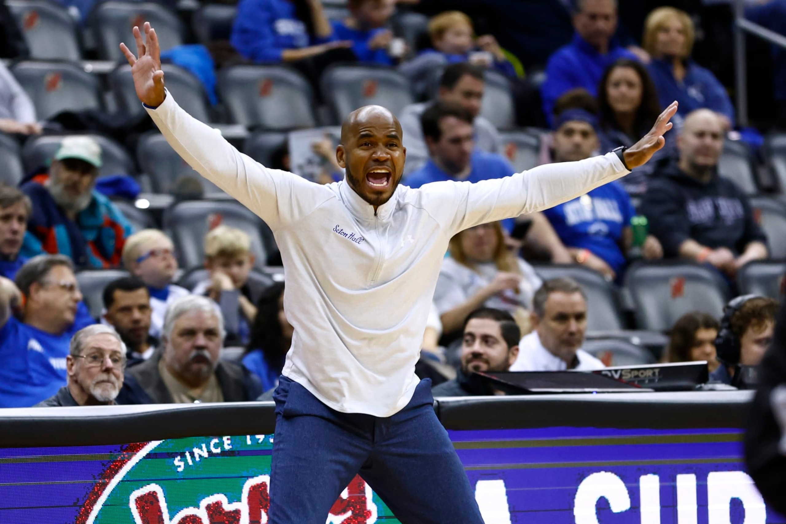 NEWARK, NJ - NOVEMBER 20: Head coach Shaheen Holloway of the Seton Hall Pirates in action against the Wagner Seahawks during a game at Prudential Center on November 20, 2022 in Newark, New Jersey. Seton Hall defeated Wagner 82-44. (Photo by Rich Schultz/Getty Images)