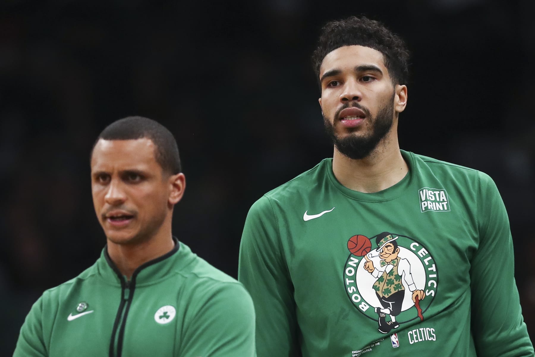 Celtics interim head coach, Joe Mazzulla (left), is running a historically great offense around Jayson Tatum (right).
