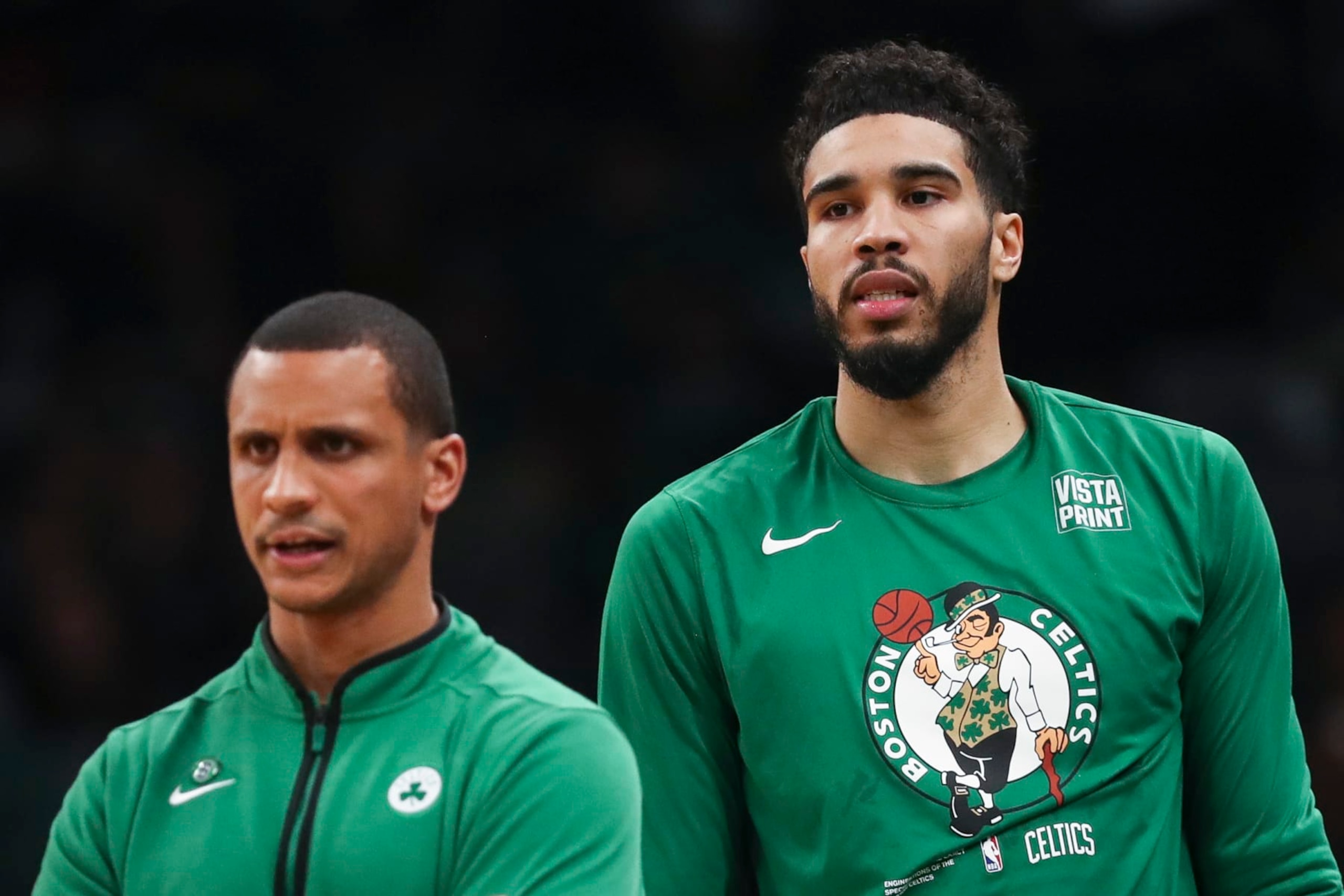 Celtics interim head coach, Joe Mazzulla (left), is running a historically great offense around Jayson Tatum (right).