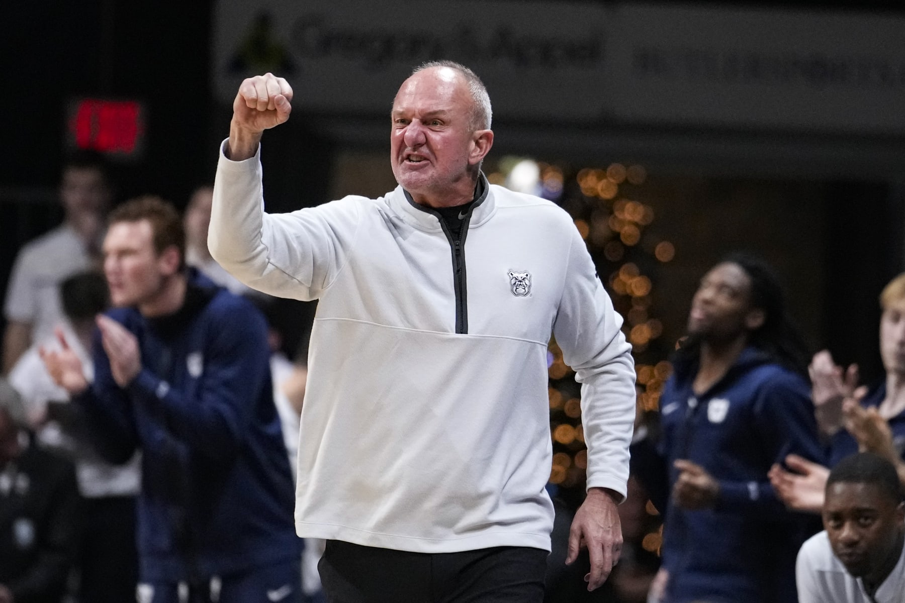 Butler head coach Thad Matta celebrates a basket against Kansas State in the second half of an NCAA college basketball game in Indianapolis, Wednesday, Nov. 30, 2022. Butler defeated Kansas State 76-64. (AP Photo/Michael Conroy)