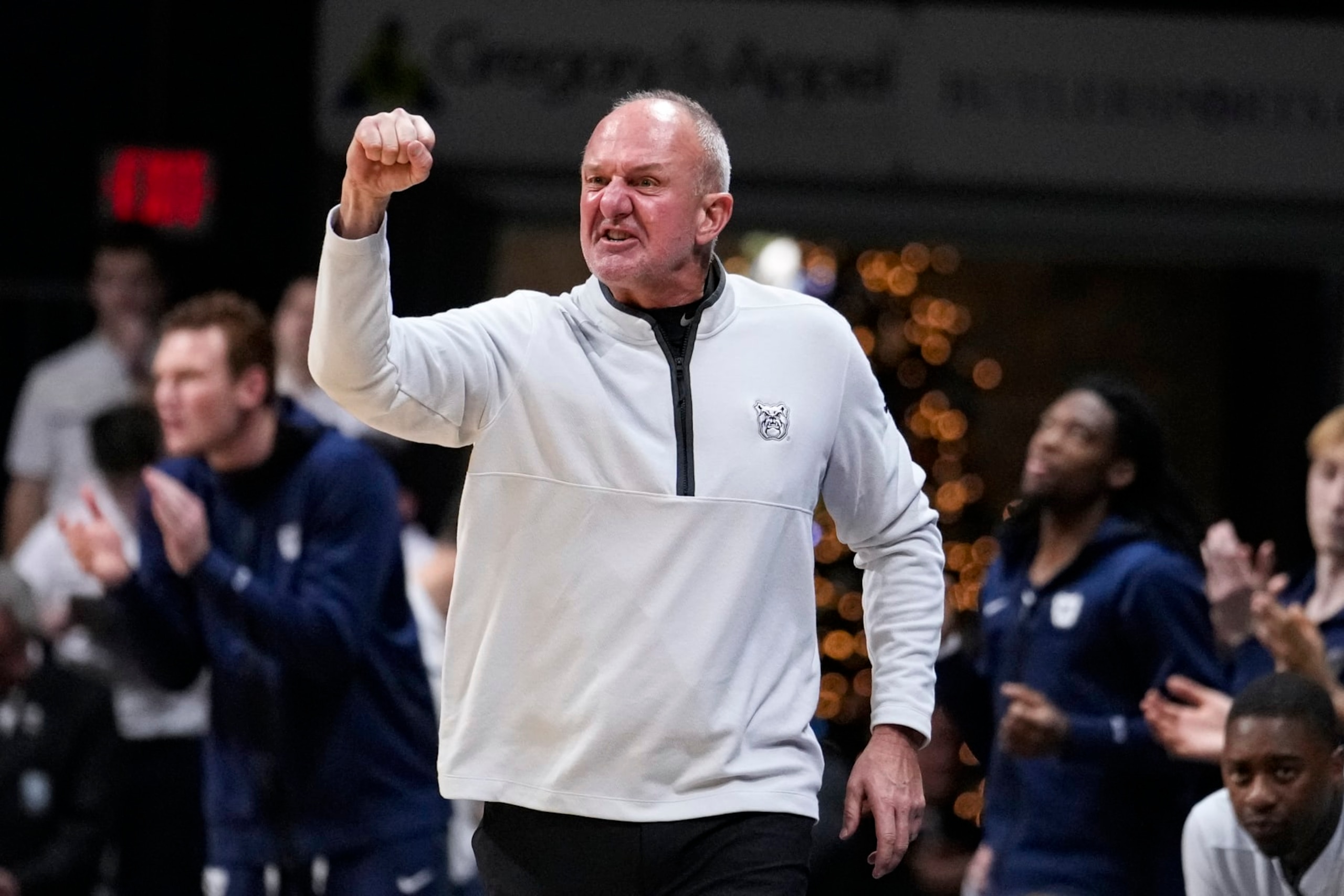 Butler head coach Thad Matta celebrates a basket against Kansas State in the second half of an NCAA college basketball game in Indianapolis, Wednesday, Nov. 30, 2022. Butler defeated Kansas State 76-64. (AP Photo/Michael Conroy)