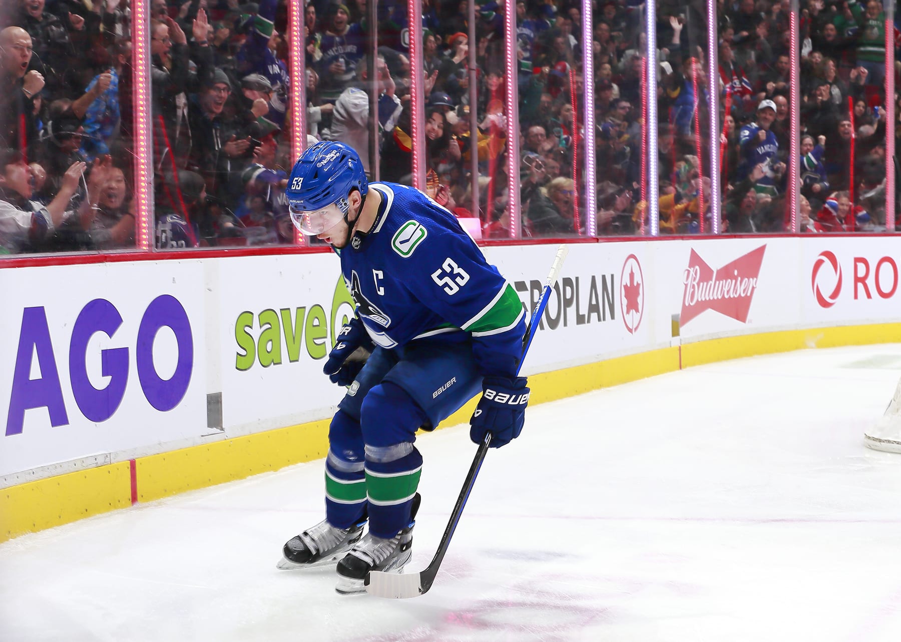 VANCOUVER, CANADA - DECEMBER 5: Bo Horvat #53 of the Vancouver Canucks celebrates his goal during their NHL game against the Montréal Canadiens at Rogers Arena December 5, 2022 in Vancouver, British Columbia, Canada.  (Photo by Jeff Vinnick/NHLI via Getty Images)