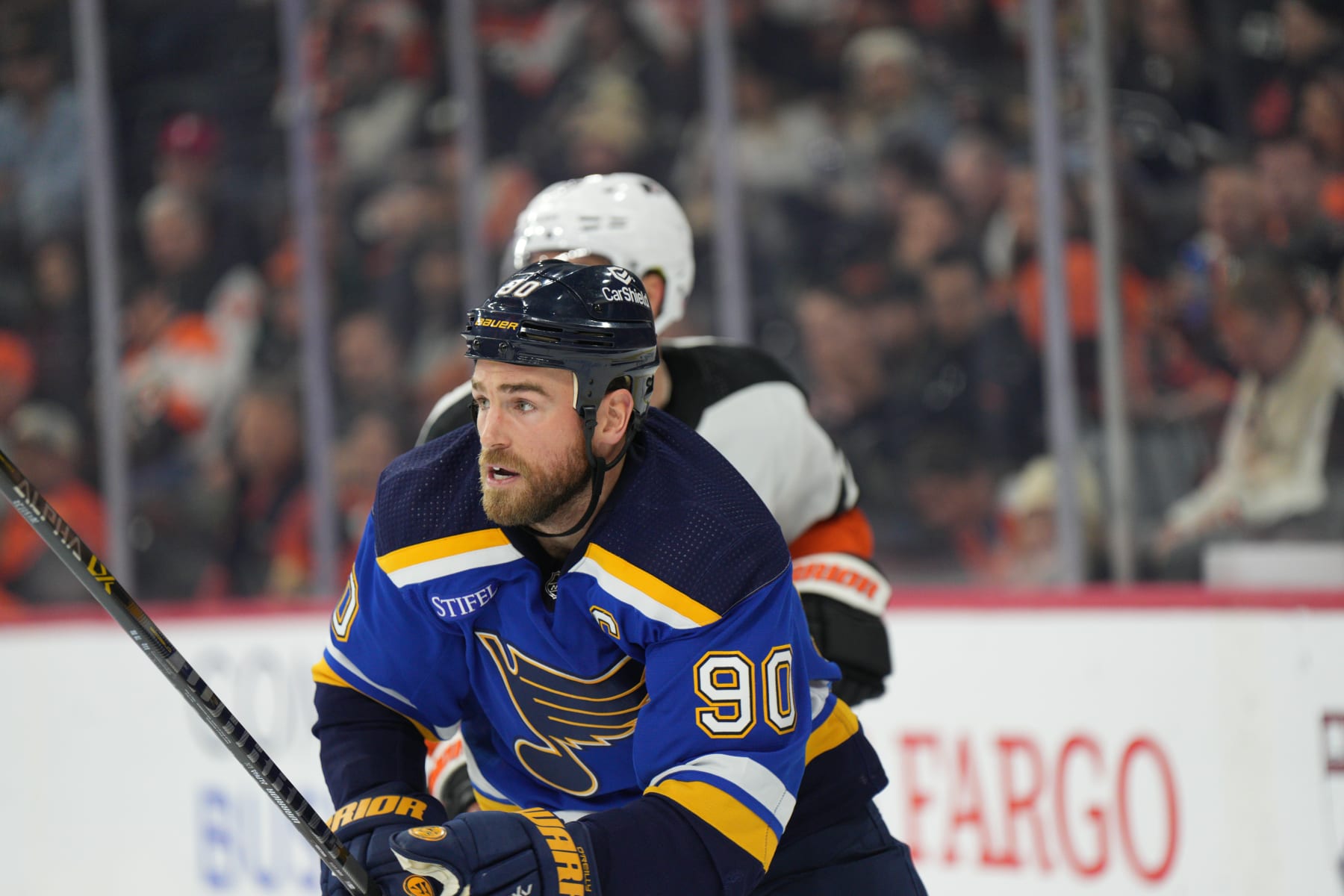 PHILADELPHIA, PA - NOVEMBER 08: St. Louis Blues center Ryan O'Reilly (90) skates during the game between the ST. Louis Blues and the Philadelphia Flyers on November 8, 2022 at the Wells Fargo Center in Philadelphia, PA.(Photo by Andy Lewis/Icon Sportswire via Getty Images)