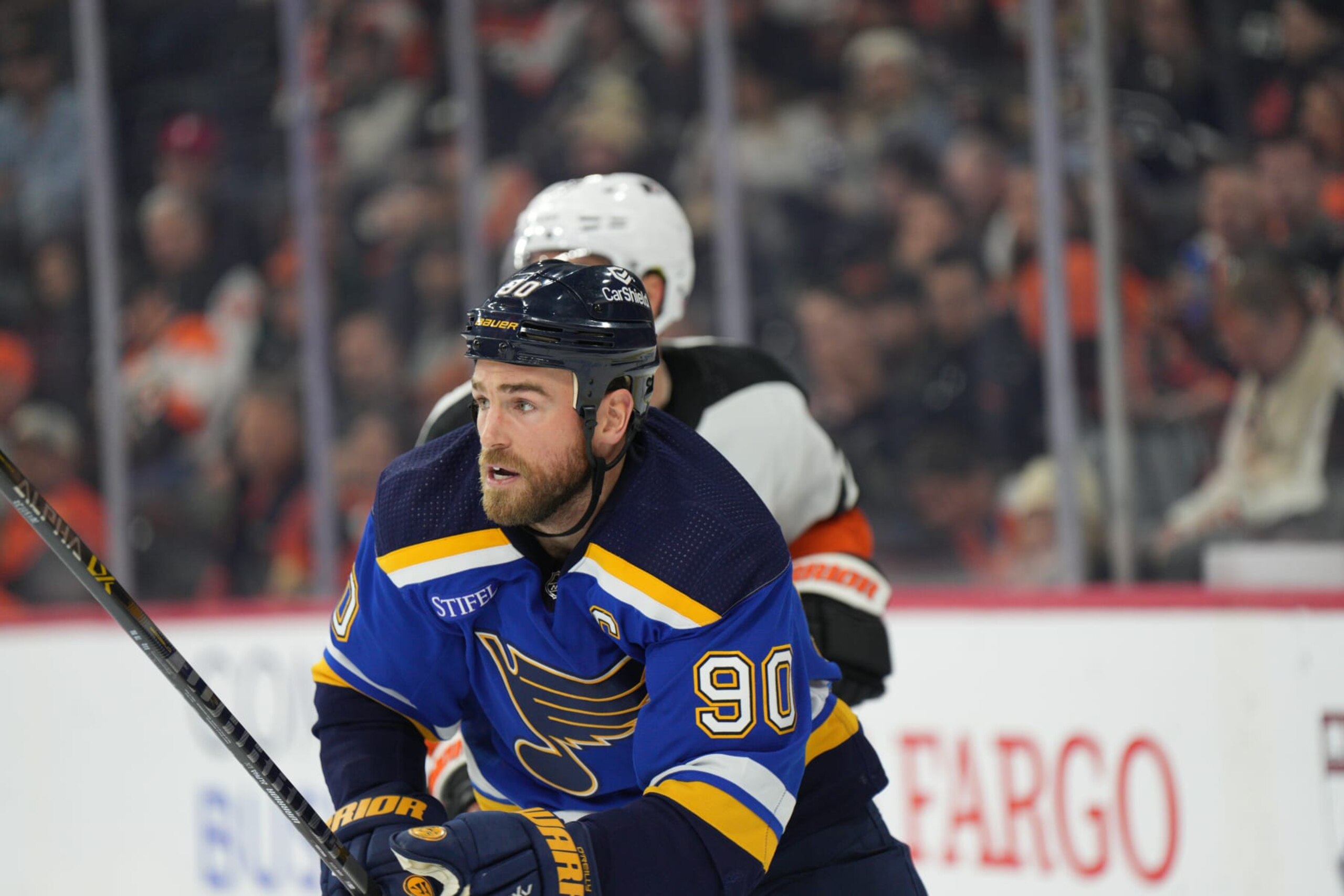 PHILADELPHIA, PA - NOVEMBER 08: St. Louis Blues center Ryan O'Reilly (90) skates during the game between the ST. Louis Blues and the Philadelphia Flyers on November 8, 2022 at the Wells Fargo Center in Philadelphia, PA.(Photo by Andy Lewis/Icon Sportswire via Getty Images) PHILADELPHIA, PA - NOVEMBER 08: St. Louis Blues center Ryan O'Reilly (90) skates during the game between the ST. Louis Blues and the Philadelphia Flyers on November 8, 2022 at the Wells Fargo Center in Philadelphia, PA.(Photo by Andy Lewis/Icon Sportswire via Getty Images)