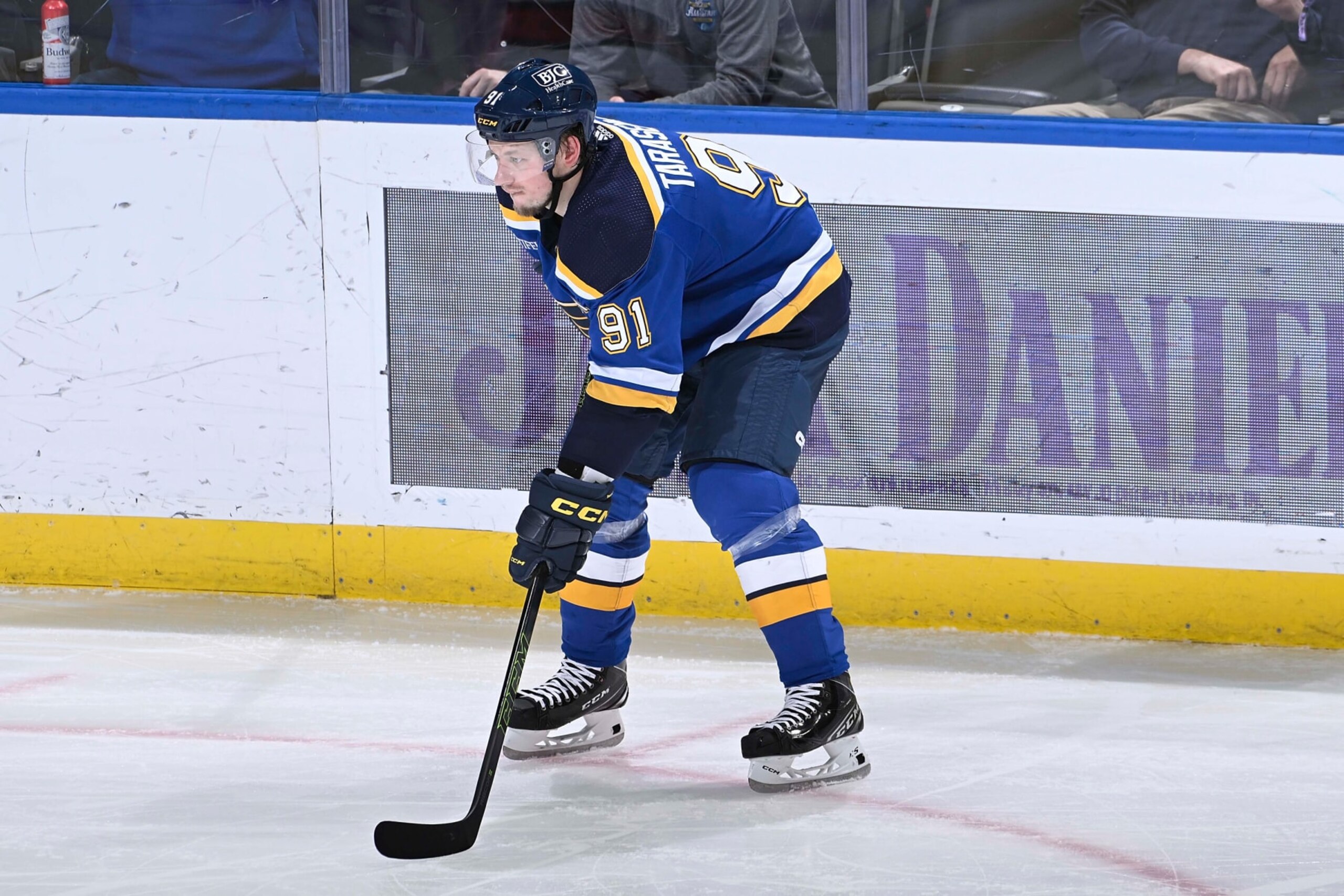 ST. LOUIS, MO - DECEMBER 1: Vladimir Tarasenko #91 of the St. Louis Blues looks on during a game against the Carolina Hurricanes at the Enterprise Center on December 1, 2022 in St. Louis, Missouri. (Photo by Joe Puetz/NHLI via Getty Images) ST. LOUIS, MO - DECEMBER 1: Vladimir Tarasenko #91 of the St. Louis Blues looks on during a game against the Carolina Hurricanes at the Enterprise Center on December 1, 2022 in St. Louis, Missouri. (Photo by Joe Puetz/NHLI via Getty Images)