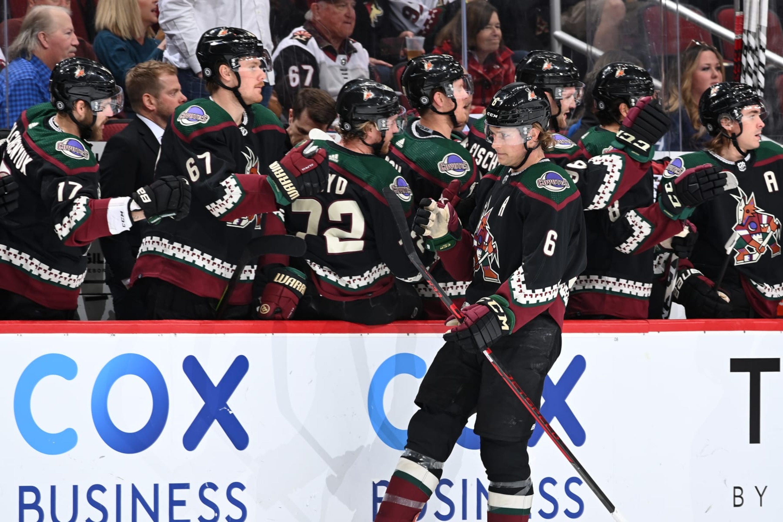 GLENDALE, ARIZONA - FEBRUARY 27: Jakob Chychrun #6 of the Arizona Coyotes celebrates with teammates on the bench after scoring a goal against the Winnipeg Jets during the first period at Gila River Arena on February 27, 2022 in Glendale, Arizona. (Photo by Norm Hall/NHLI via Getty Images) GLENDALE, ARIZONA - FEBRUARY 27: Jakob Chychrun #6 of the Arizona Coyotes celebrates with teammates on the bench after scoring a goal against the Winnipeg Jets during the first period at Gila River Arena on February 27, 2022 in Glendale, Arizona. (Photo by Norm Hall/NHLI via Getty Images)