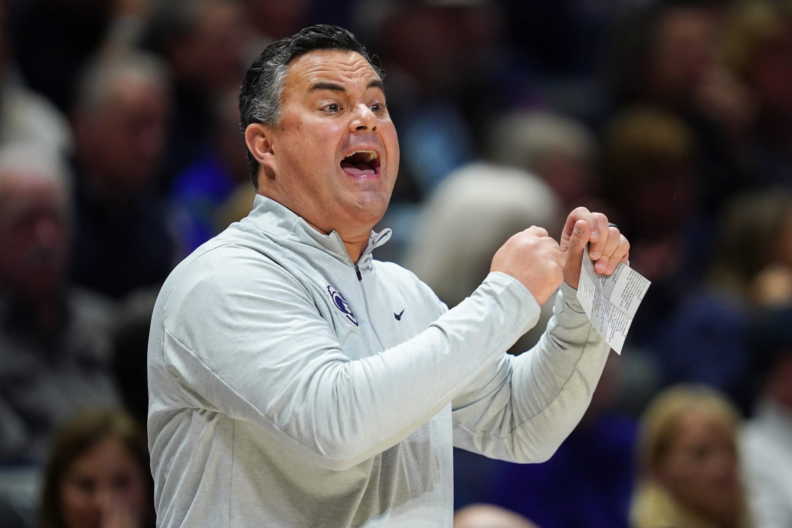 CINCINNATI, OHIO - DECEMBER 03: Head coach Sean Miller of the Xavier Musketeers calls out instructions in the first half against the West Virginia Mountaineers at the Cintas Center on December 03, 2022 in Cincinnati, Ohio. (Photo by Dylan Buell/Getty Images)