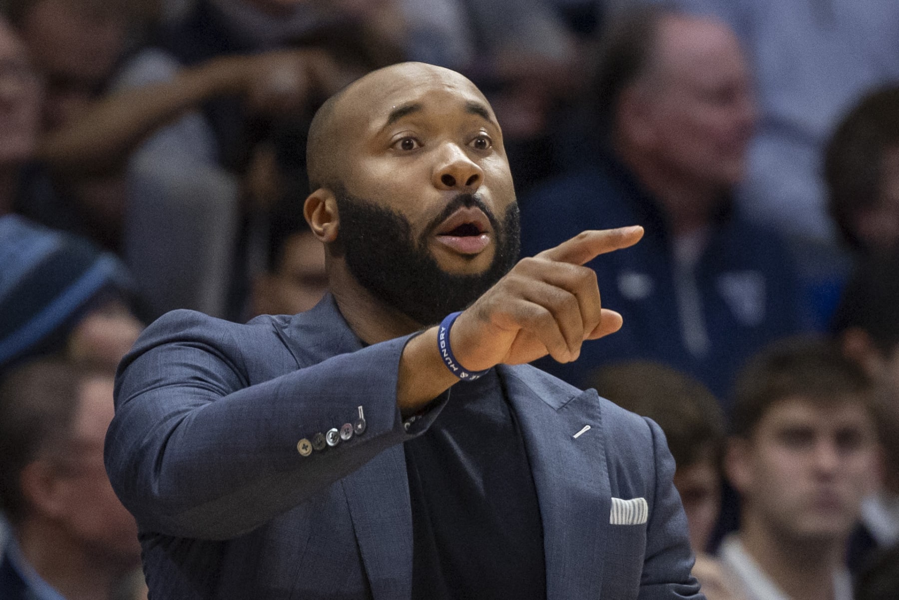 Villanova head coach Kyle Neptune shouts during an NCAA college basketball game against Penn, Wednesday, Dec. 7, 2022, in Villanova, Pa. (AP Photo/Laurence Kesterson)