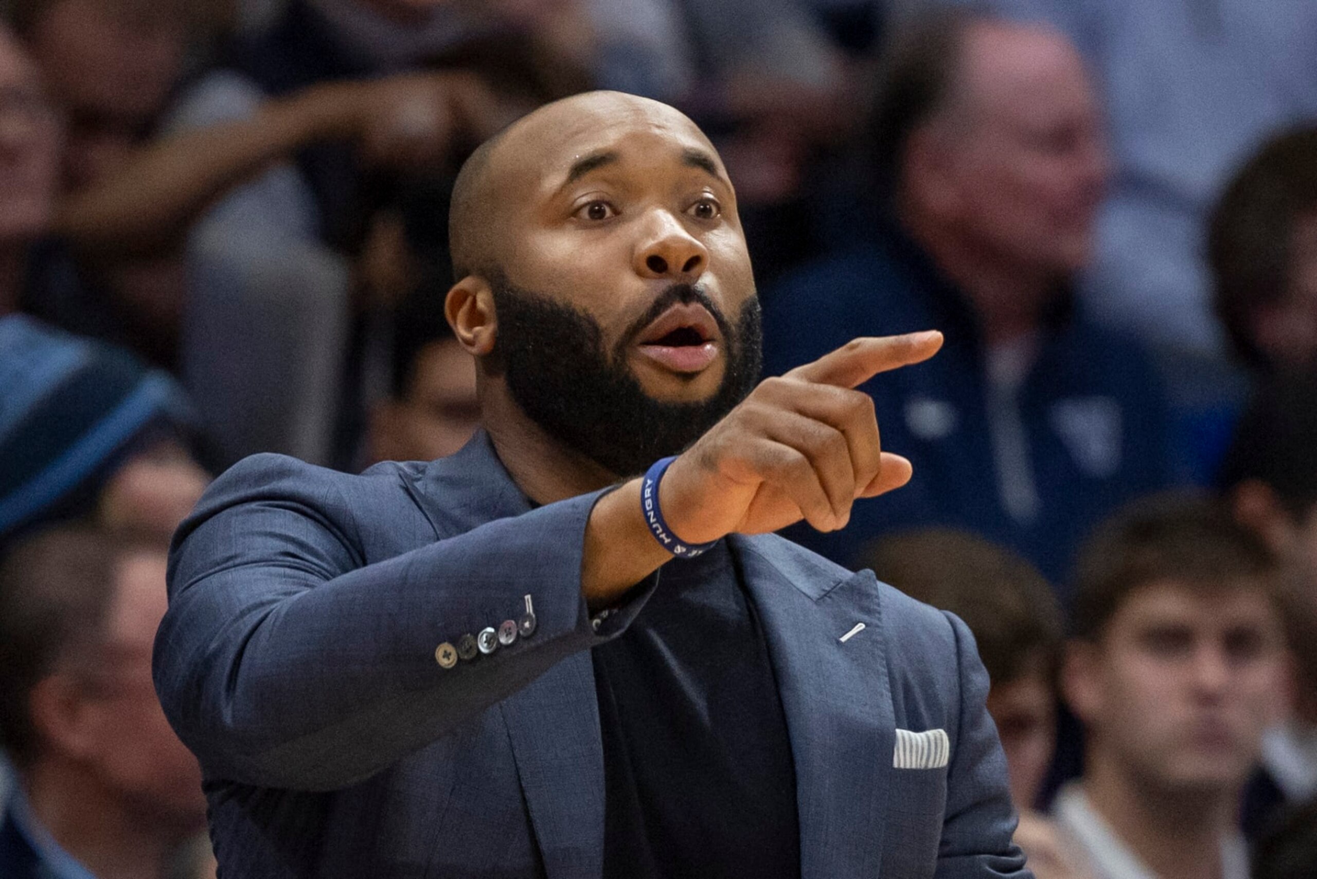 Villanova head coach Kyle Neptune shouts during an NCAA college basketball game against Penn, Wednesday, Dec. 7, 2022, in Villanova, Pa. (AP Photo/Laurence Kesterson)