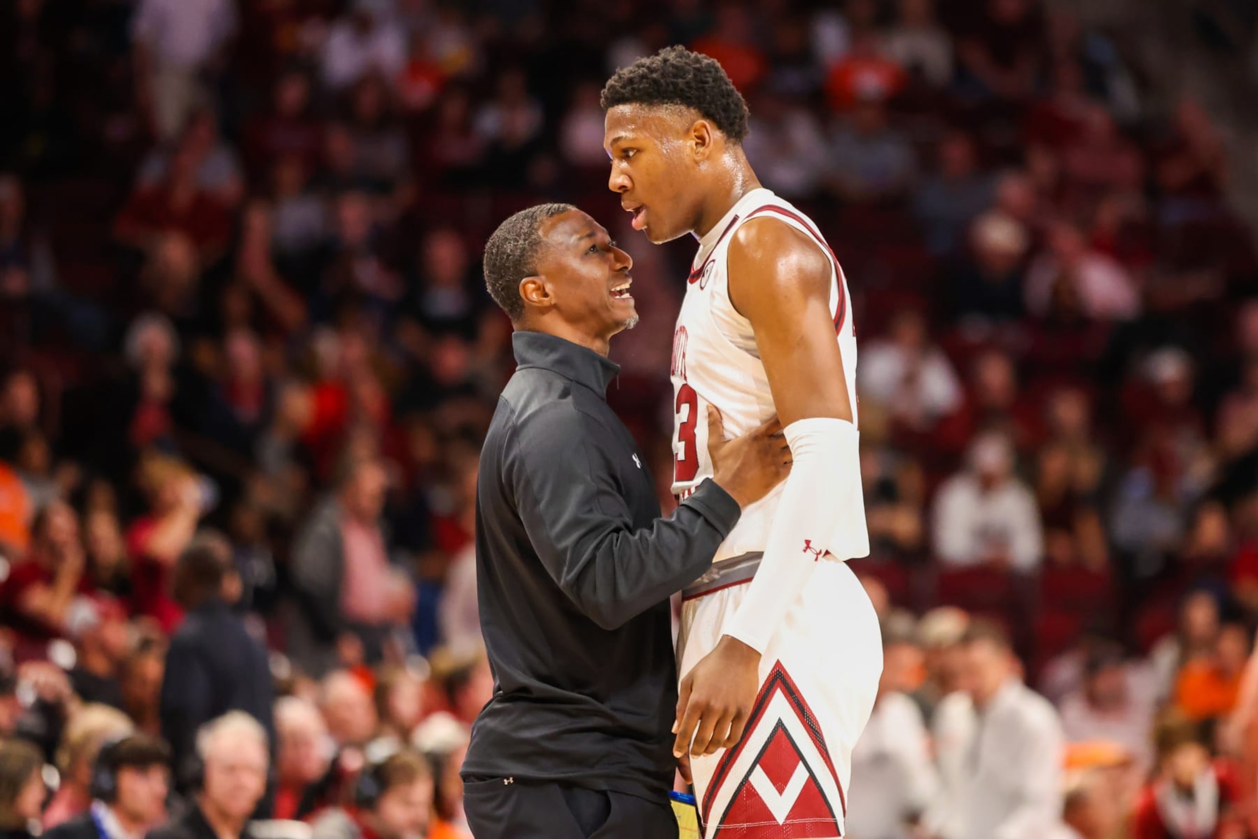COLUMBIA, SC - NOVEMBER 11: Head Coach Lamont Paris of the South Carolina Gamecocks talks with Gregory Jackson II (23) of the South Carolina Gamecocks during a break in a basketball game between the South Carolina Gamecocks and the Clemson Tigers on Nov 11, 2022 at Colonial Life Arena in Columbia, SC. (Photo by David Jensen/Icon Sportswire via Getty Images)