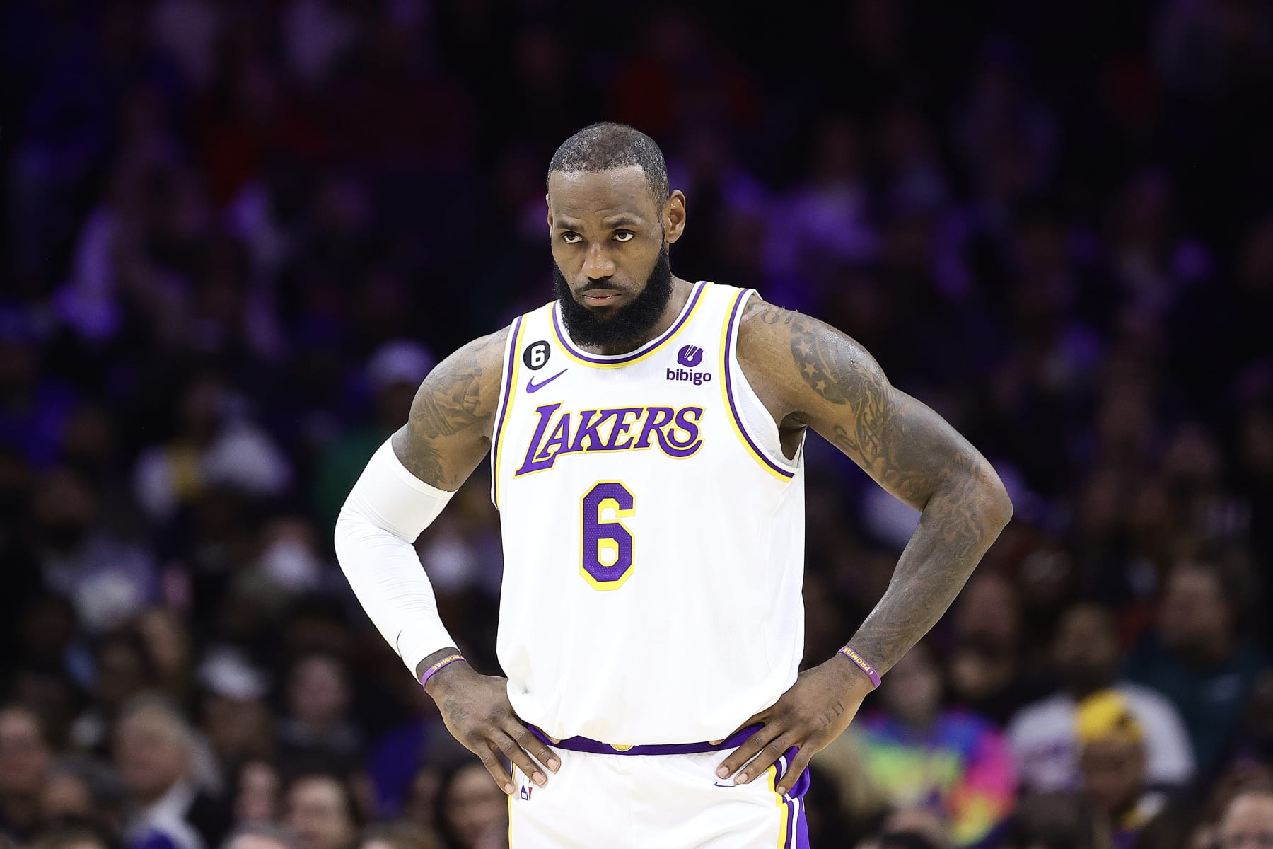 PHILADELPHIA, PENNSYLVANIA - DECEMBER 09: LeBron James #6 of the Los Angeles Lakers looks on during the second quarter against the Philadelphia 76ers at Wells Fargo Center on December 09, 2022 in Philadelphia, Pennsylvania. NOTE TO USER: User expressly acknowledges and agrees that, by downloading and or using this photograph, User is consenting to the terms and conditions of the Getty Images License Agreement. (Photo by Tim Nwachukwu/Getty Images)