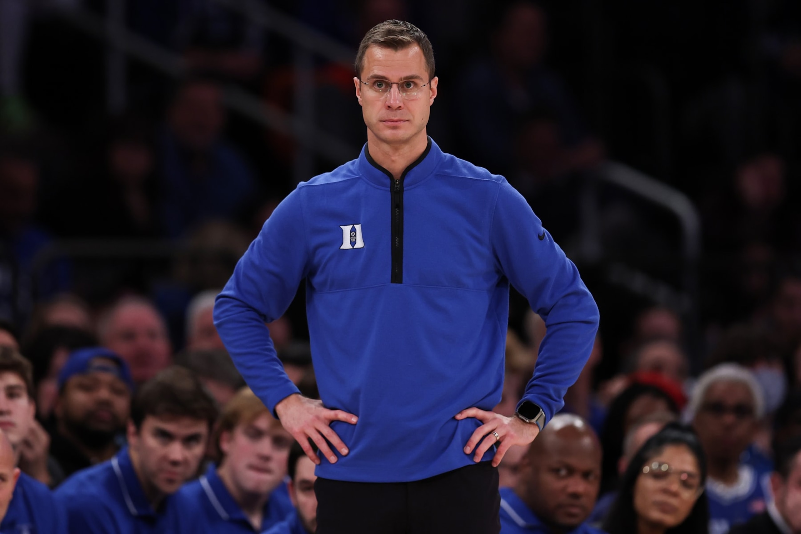 NEW YORK, NEW YORK - DECEMBER 06: Duke Blue Devils head coach Jon Scheyer looks on during the first half of the game against the Iowa Hawkeyes at Madison Square Garden on December 06, 2022 in New York City. (Photo by Dustin Satloff/Getty Images)