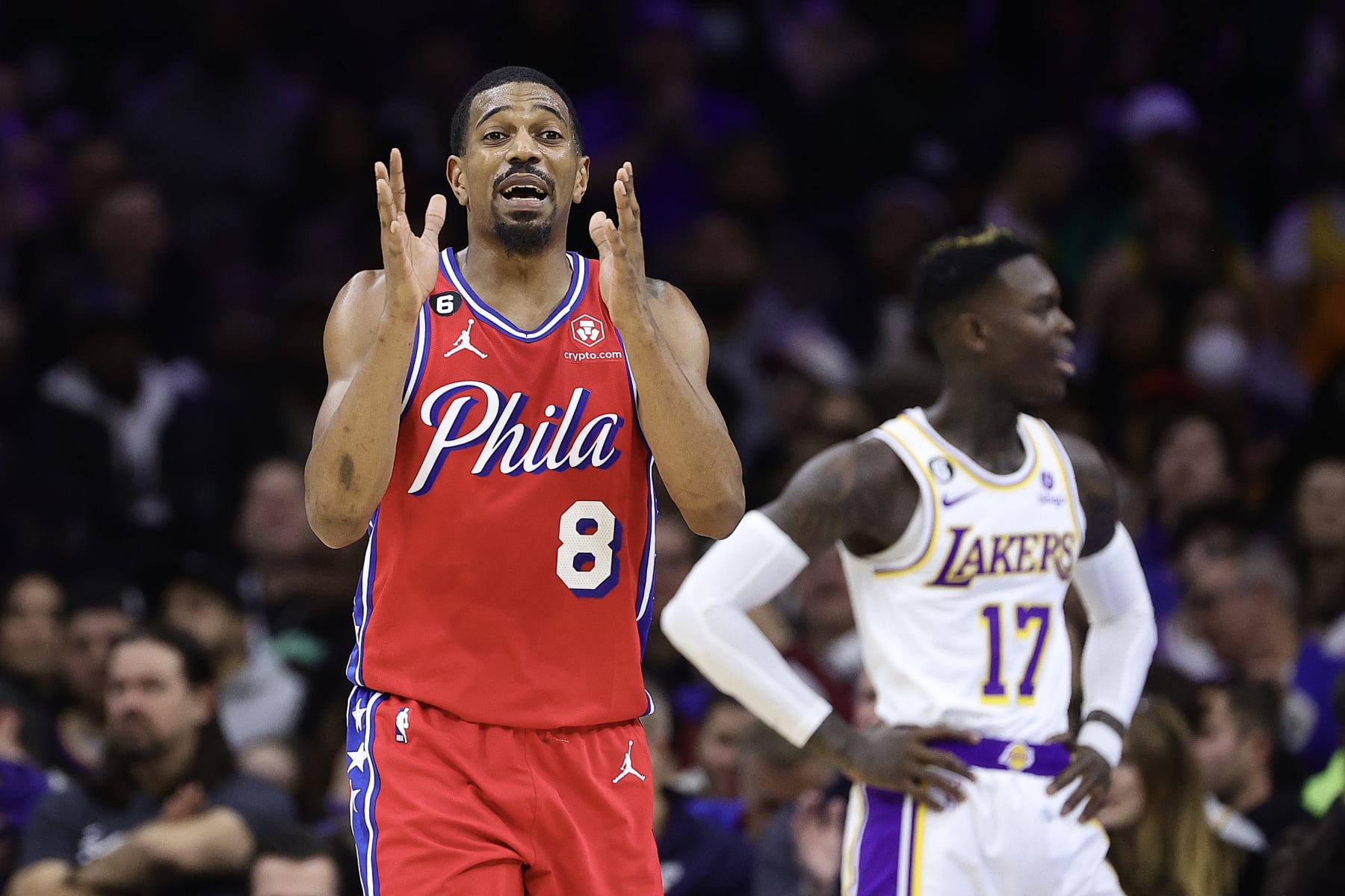 PHILADELPHIA, PENNSYLVANIA - DECEMBER 09: De'Anthony Melton #8 of the Philadelphia 76ers reacts during the second quarter against the Los Angeles Lakers at Wells Fargo Center on December 09, 2022 in Philadelphia, Pennsylvania. NOTE TO USER: User expressly acknowledges and agrees that, by downloading and or using this photograph, User is consenting to the terms and conditions of the Getty Images License Agreement. (Photo by Tim Nwachukwu/Getty Images)