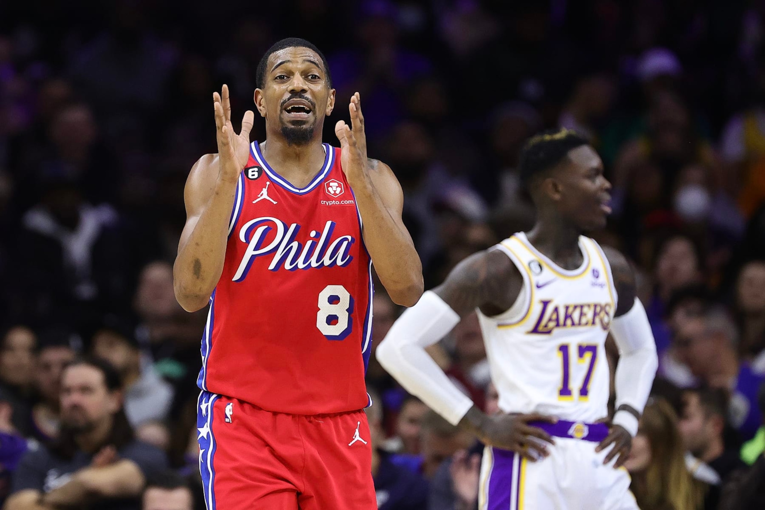 PHILADELPHIA, PENNSYLVANIA - DECEMBER 09: De'Anthony Melton #8 of the Philadelphia 76ers reacts during the second quarter against the Los Angeles Lakers at Wells Fargo Center on December 09, 2022 in Philadelphia, Pennsylvania. NOTE TO USER: User expressly acknowledges and agrees that, by downloading and or using this photograph, User is consenting to the terms and conditions of the Getty Images License Agreement. (Photo by Tim Nwachukwu/Getty Images)