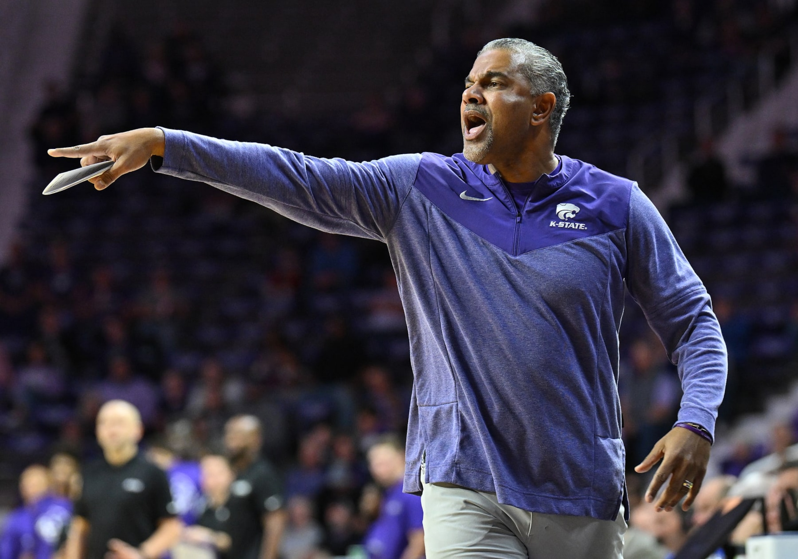 MANHATTAN, KS - DECEMBER 06:  Head coach Jerome Tang of the Kansas State Wildcats instructs his team in the second half against the Abilene Christian Wildcatsat Bramlage Coliseum on December 6, 2022 in Manhattan, Kansas.  (Photo by Peter G. Aiken/Getty Images)