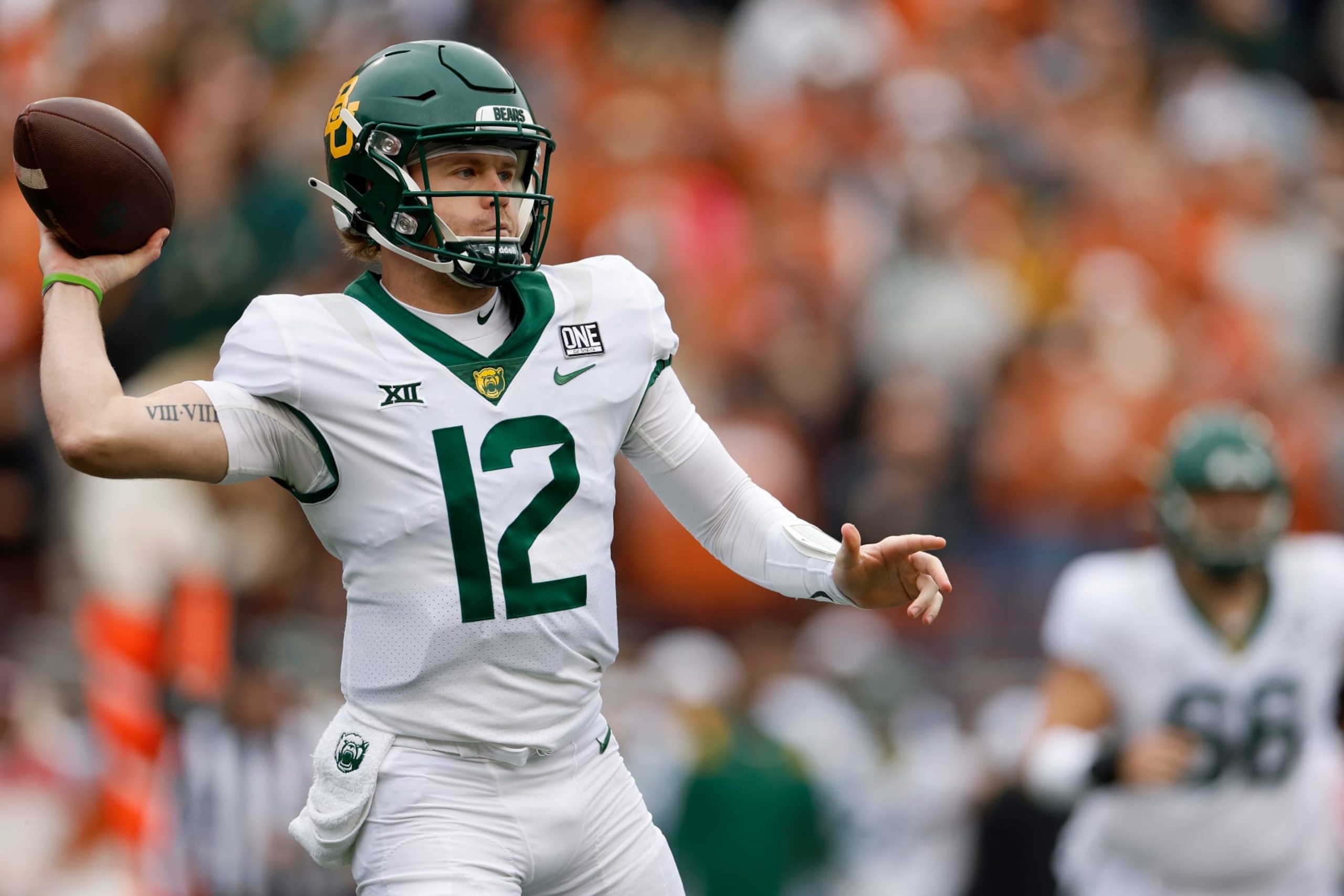 AUSTIN, TEXAS - NOVEMBER 25: Blake Shapen #12 of the Baylor Bears throws a pass in the first quarter against the Texas Longhorns at Darrell K Royal-Texas Memorial Stadium on November 25, 2022 in Austin, Texas. (Photo by Tim Warner/Getty Images) AUSTIN, TEXAS - NOVEMBER 25: Blake Shapen #12 of the Baylor Bears throws a pass in the first quarter against the Texas Longhorns at Darrell K Royal-Texas Memorial Stadium on November 25, 2022 in Austin, Texas. (Photo by Tim Warner/Getty Images)