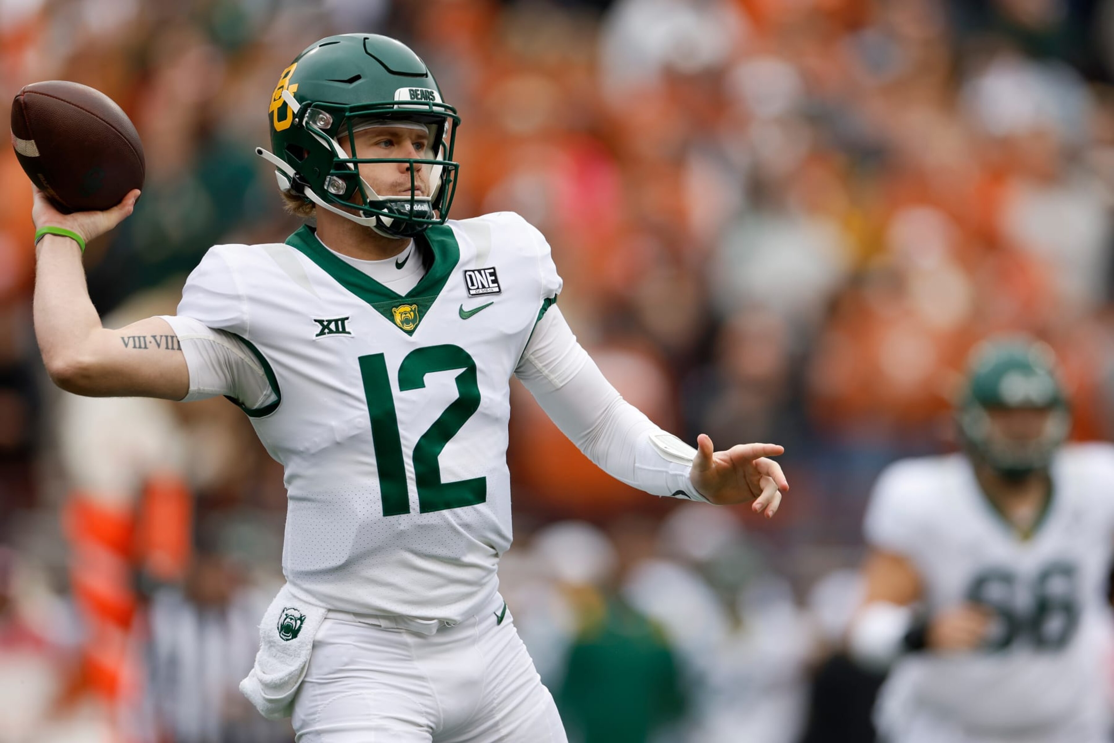 AUSTIN, TEXAS - NOVEMBER 25: Blake Shapen #12 of the Baylor Bears throws a pass in the first quarter against the Texas Longhorns at Darrell K Royal-Texas Memorial Stadium on November 25, 2022 in Austin, Texas. (Photo by Tim Warner/Getty Images)