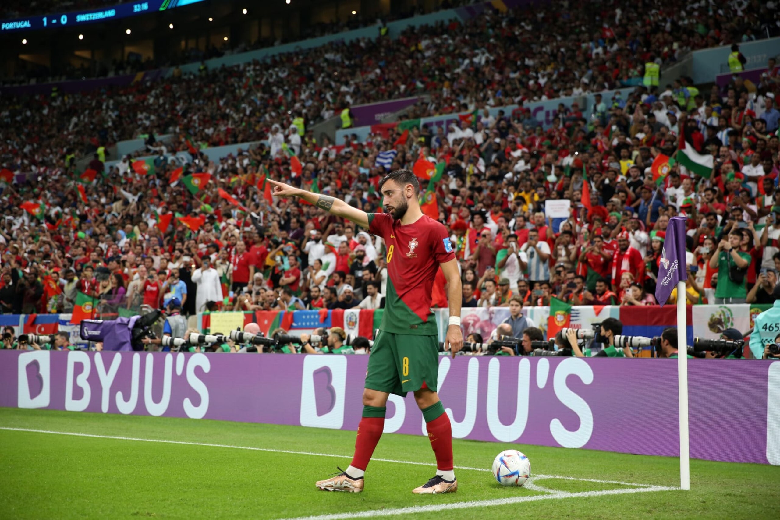 LUSAIL CITY, QATAR - DECEMBER 06: Bruno Fernandes of Portugal in action during the FIFA World Cup Qatar 2022 Round of 16 match between Portugal and Switzerland at Lusail Stadium on December 6, 2022 in Lusail City, Qatar. (Photo by Maryam Majd ATPImages/Getty Images)