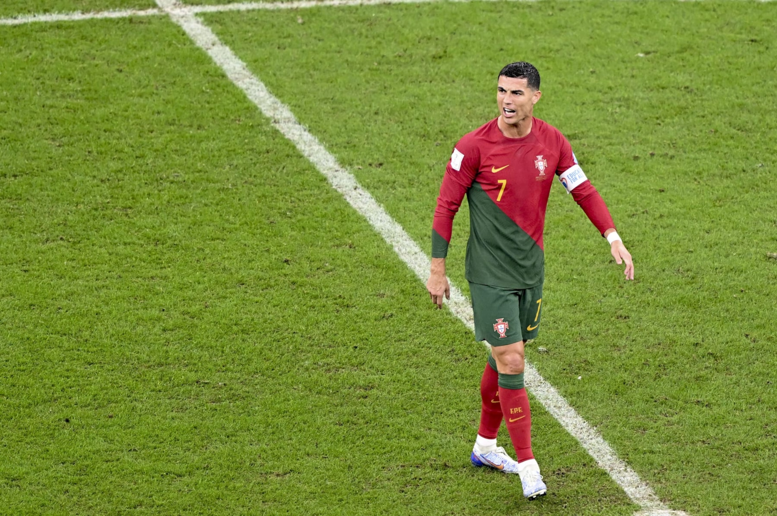 LUSAIL CITY, QATAR - DECEMBER 06: Cristiano Ronaldo (7) of Portugal gestures during the FIFA World Cup Qatar 2022 Round of 16 match between Portugal and Switzerland at Lusail Stadium on December 06, 2022 in Lusail City, Qatar. (Photo by Ercin Erturk/Anadolu Agency via Getty Images)