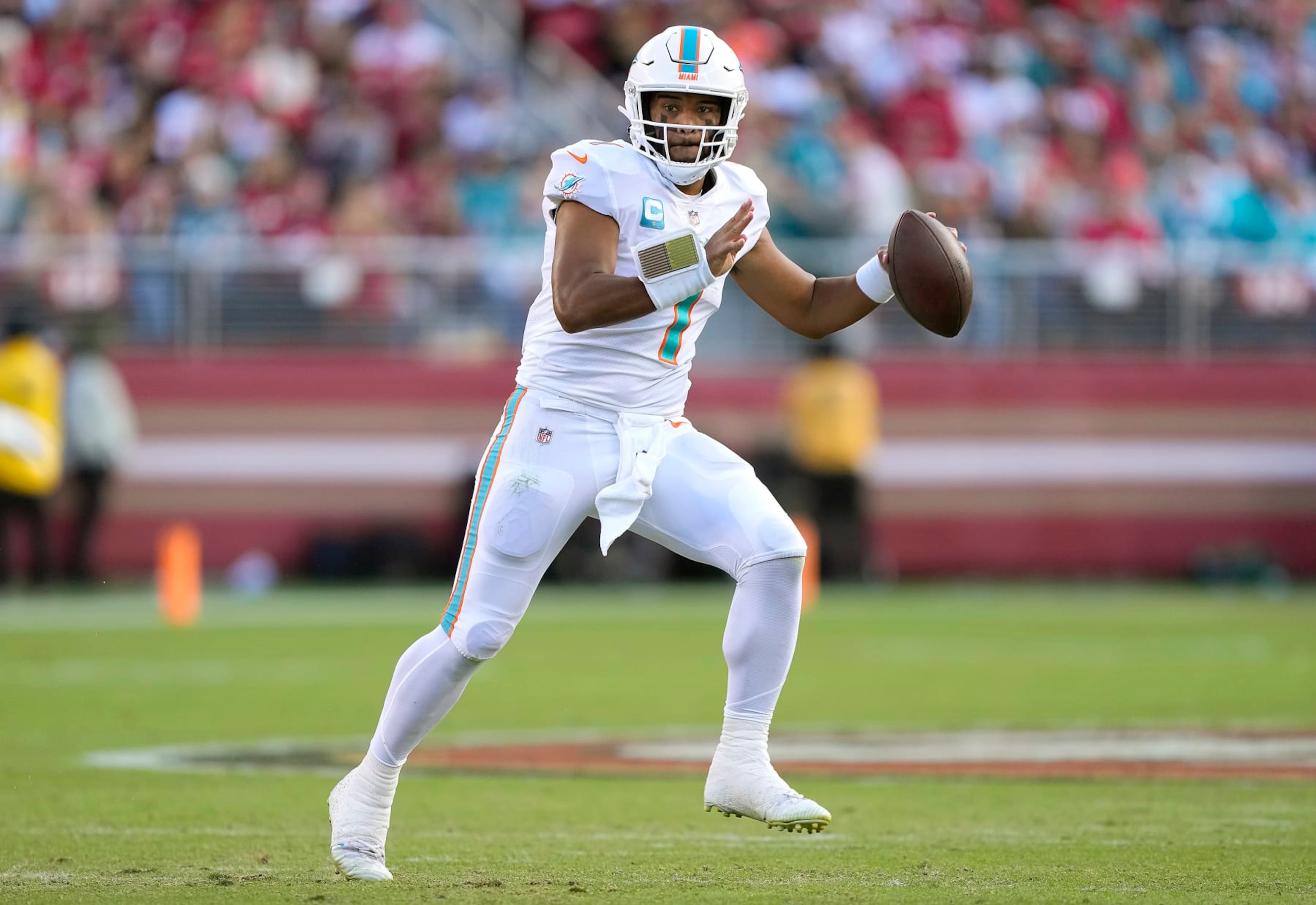 SANTA CLARA, CALIFORNIA - DECEMBER 04: Tua Tagovailoa #1 of the Miami Dolphins throws a pass against the San Francisco 49ers during the second quarter of an NFL football game at Levi's Stadium on December 04, 2022 in Santa Clara, California. (Photo by Thearon W. Henderson/Getty Images) SANTA CLARA, CALIFORNIA - DECEMBER 04: Tua Tagovailoa #1 of the Miami Dolphins throws a pass against the San Francisco 49ers during the second quarter of an NFL football game at Levi's Stadium on December 04, 2022 in Santa Clara, California. (Photo by Thearon W. Henderson/Getty Images)