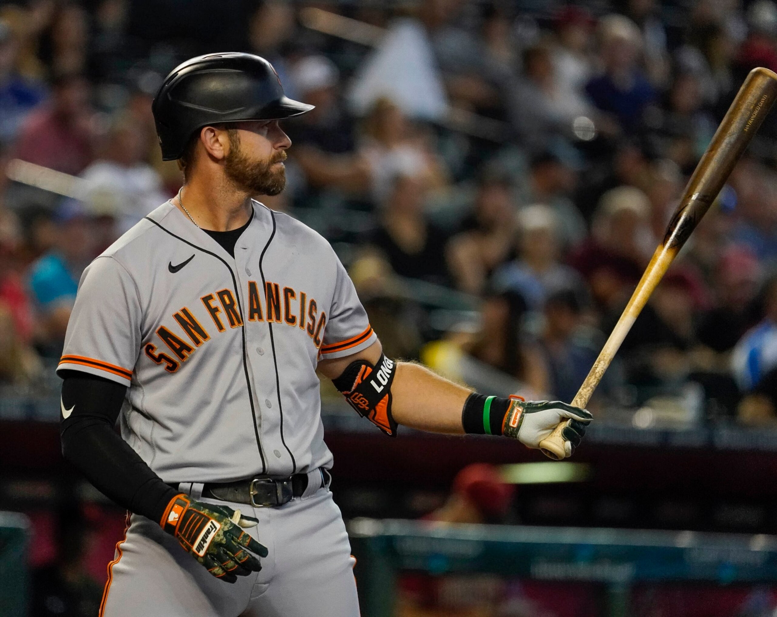 San Francisco Giants' Evan Longoria waits for a pitch during a baseball game against the Arizona Diamondbacks, Sunday Sept. 25, 2022, in Phoenix. (AP Photo/Darryl Webb)