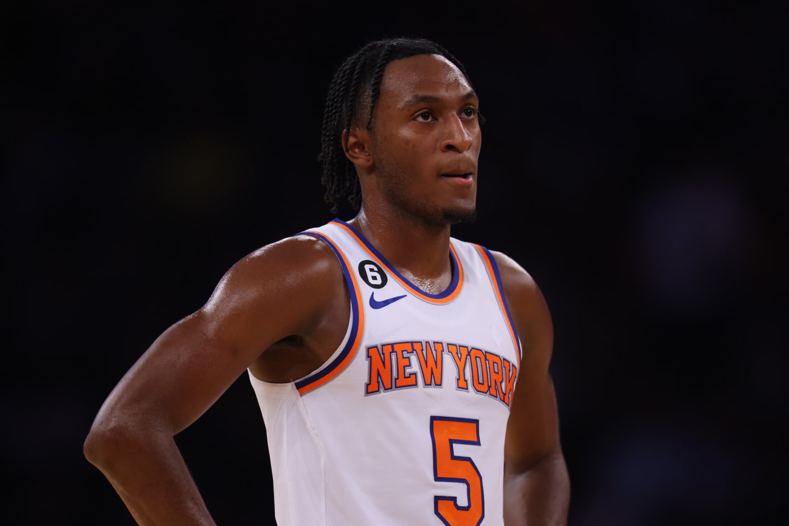 NEW YORK, NEW YORK - DECEMBER 03: Immanuel Quickley #5 of the New York Knicks in action against the Dallas Mavericks at Madison Square Garden on December 03, 2022 in New York City NOTE TO USER: User expressly acknowledges and agrees that, by downloading and or using this Photograph, user is consenting to the terms and conditions of the Getty Images License Agreement. Dallas Mavericks defeated the New York Knicks 121-100. (Photo by Mike Stobe/Getty Images)
