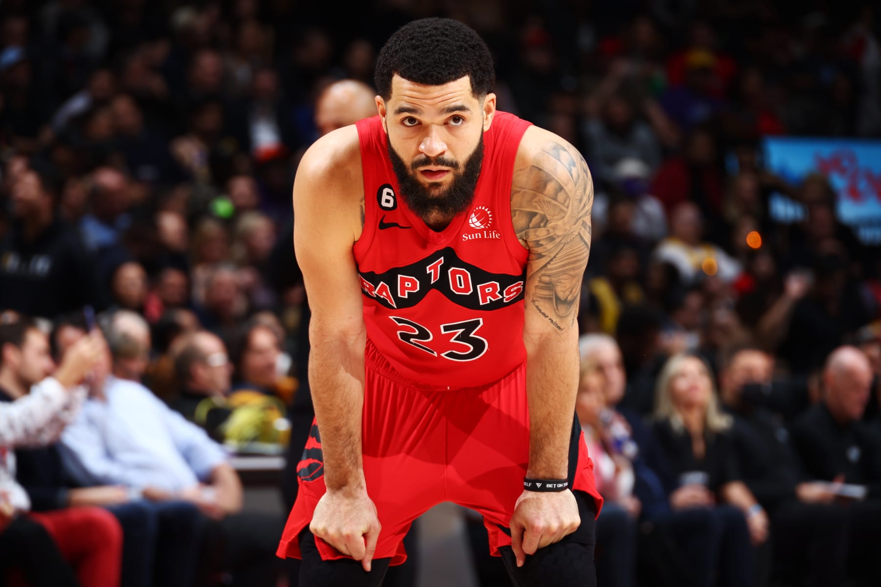 TORONTO, CANADA - DECEMBER 7: Fred VanVleet #23 of the Toronto Raptors looks on during the game against the Los Angeles Lakers on December 7, 2022 at the Scotiabank Arena in Toronto, Ontario, Canada.  NOTE TO USER: User expressly acknowledges and agrees that, by downloading and or using this Photograph, user is consenting to the terms and conditions of the Getty Images License Agreement.  Mandatory Copyright Notice: Copyright 2022 NBAE (Photo by Vaughn Ridley/NBAE via Getty Images)