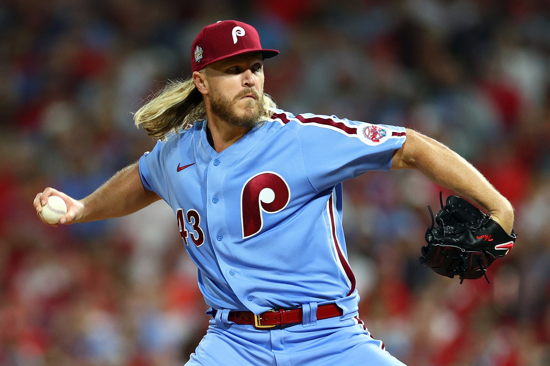 PHILADELPHIA, PENNSYLVANIA - NOVEMBER 03: Noah Syndergaard #43 of the Philadelphia Phillies delivers a pitch against the Houston Astros during the second inning in Game Five of the 2022 World Series at Citizens Bank Park on November 03, 2022 in Philadelphia, Pennsylvania. (Photo by Elsa/Getty Images)