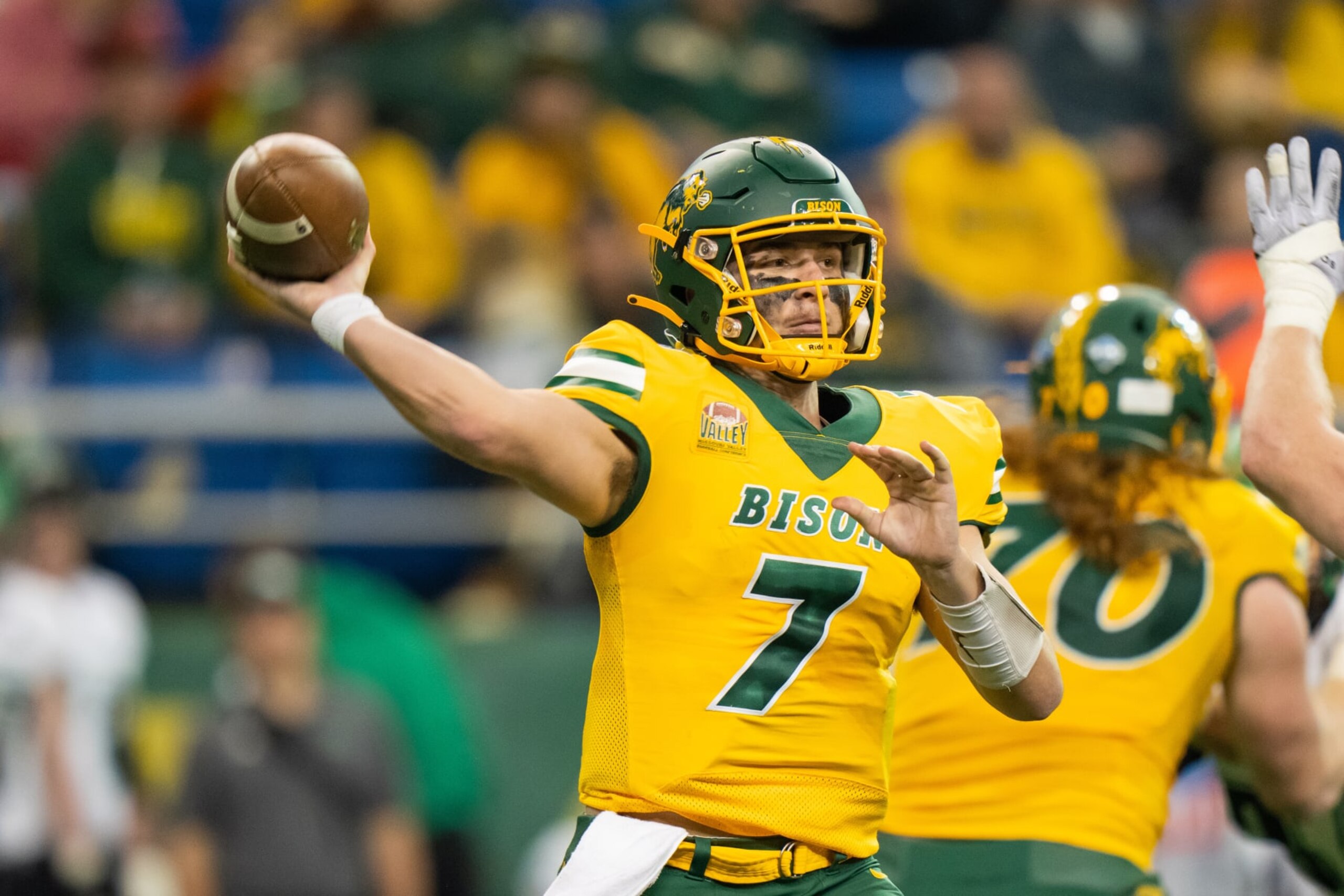 FARGO, NORTH DAKOTA - NOVEMBER 19: Cam Miller #7 of the North Dakota State Bison passes against the North Dakota Fighting Hawks at Fargodome on November 19, 2022 in Fargo, North Dakota. (Photo by Sean Arbaut/Getty Images) FARGO, NORTH DAKOTA - NOVEMBER 19: Cam Miller #7 of the North Dakota State Bison passes against the North Dakota Fighting Hawks at Fargodome on November 19, 2022 in Fargo, North Dakota. (Photo by Sean Arbaut/Getty Images)