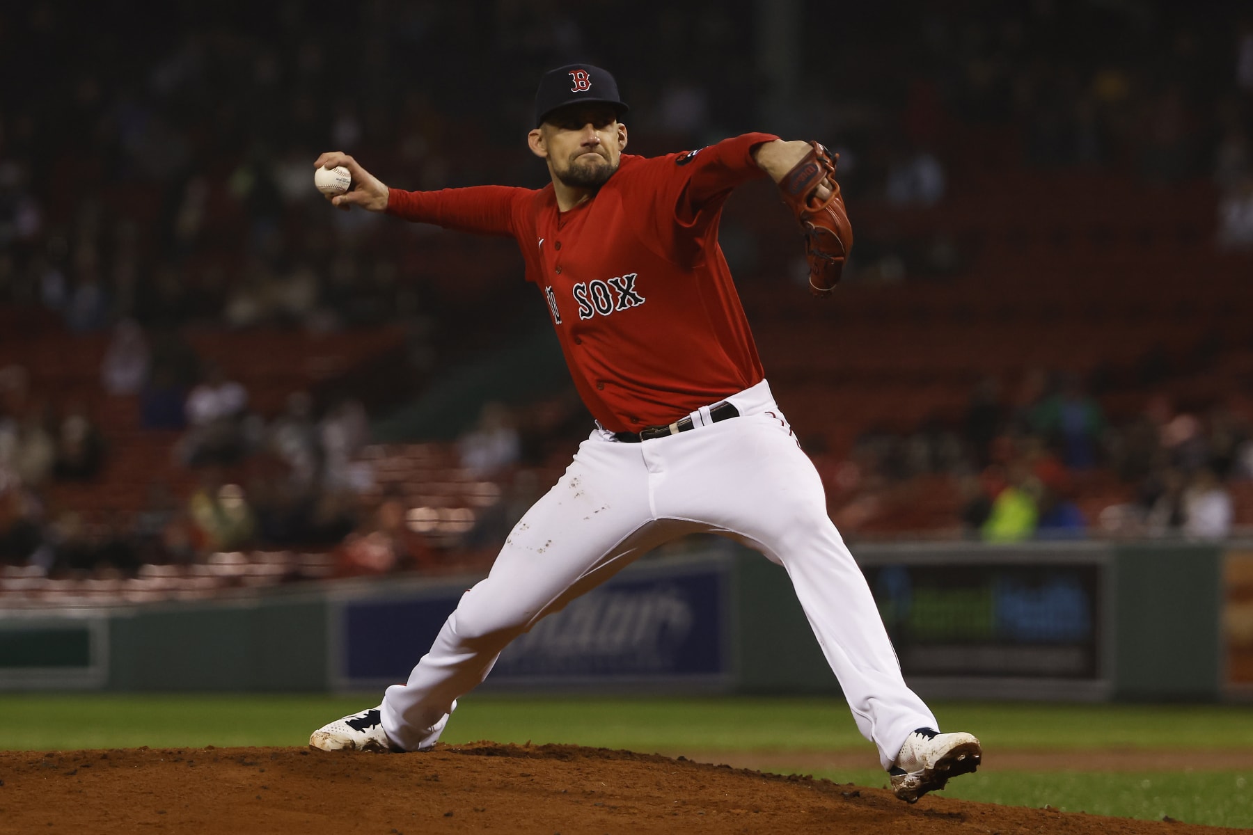 BOSTON, MA - OCTOBER 4: Nathan Eovaldi #17 of the Boston Red Sox pitches against the Tampa Bay Rays during the second inning at Fenway Park on October 4, 2022 in Boston, Massachusetts. (Photo By Winslow Townson/Getty Images)