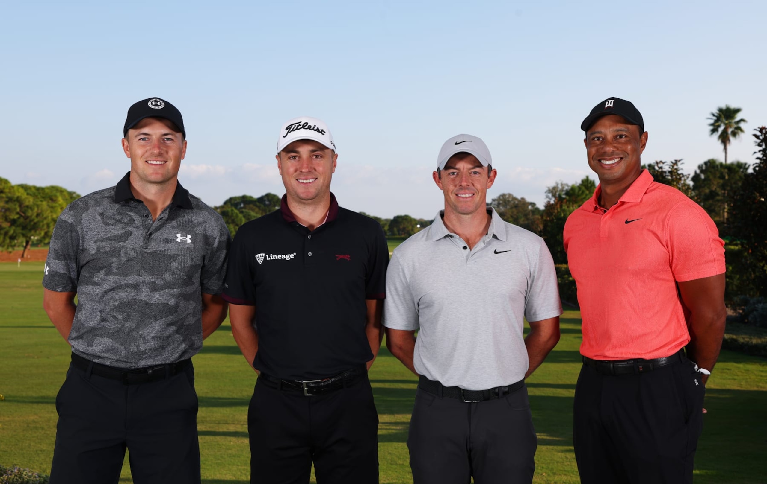 BELLEAIR, FLORIDA - DECEMBER 10: (L-R) Jordan Spieth of the United States, Justin Thomas of the United States, Rory McIlroy of Northern Ireland and Tiger Woods of the United States pose for a photo prior to The Match 7 at Pelican at Pelican Golf Club on December 10, 2022 in Belleair, Florida. (Photo by Mike Ehrmann/Getty Images for The Match)