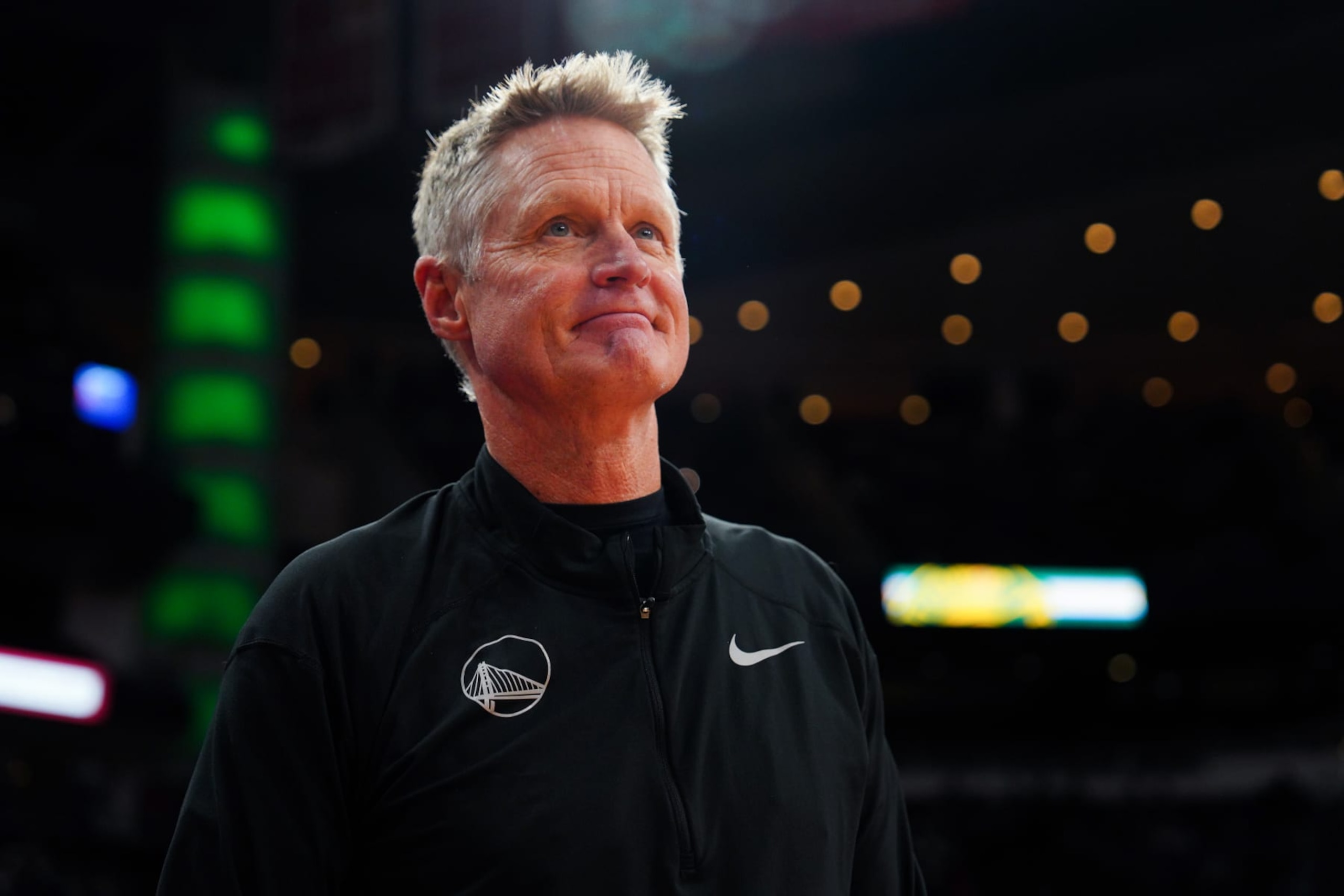 HOUSTON, TEXAS - NOVEMBER 20: Head Coach Steve Kerr looks on prior to the game against the Houston Rockets at Toyota Center on November 20, 2022 in Houston, Texas. NOTE TO USER: User expressly acknowledges and agrees that, by downloading and or using this photograph, User is consenting to the terms and conditions of the Getty Images License Agreement. (Photo by Alex Bierens de Haan/Getty Images)
