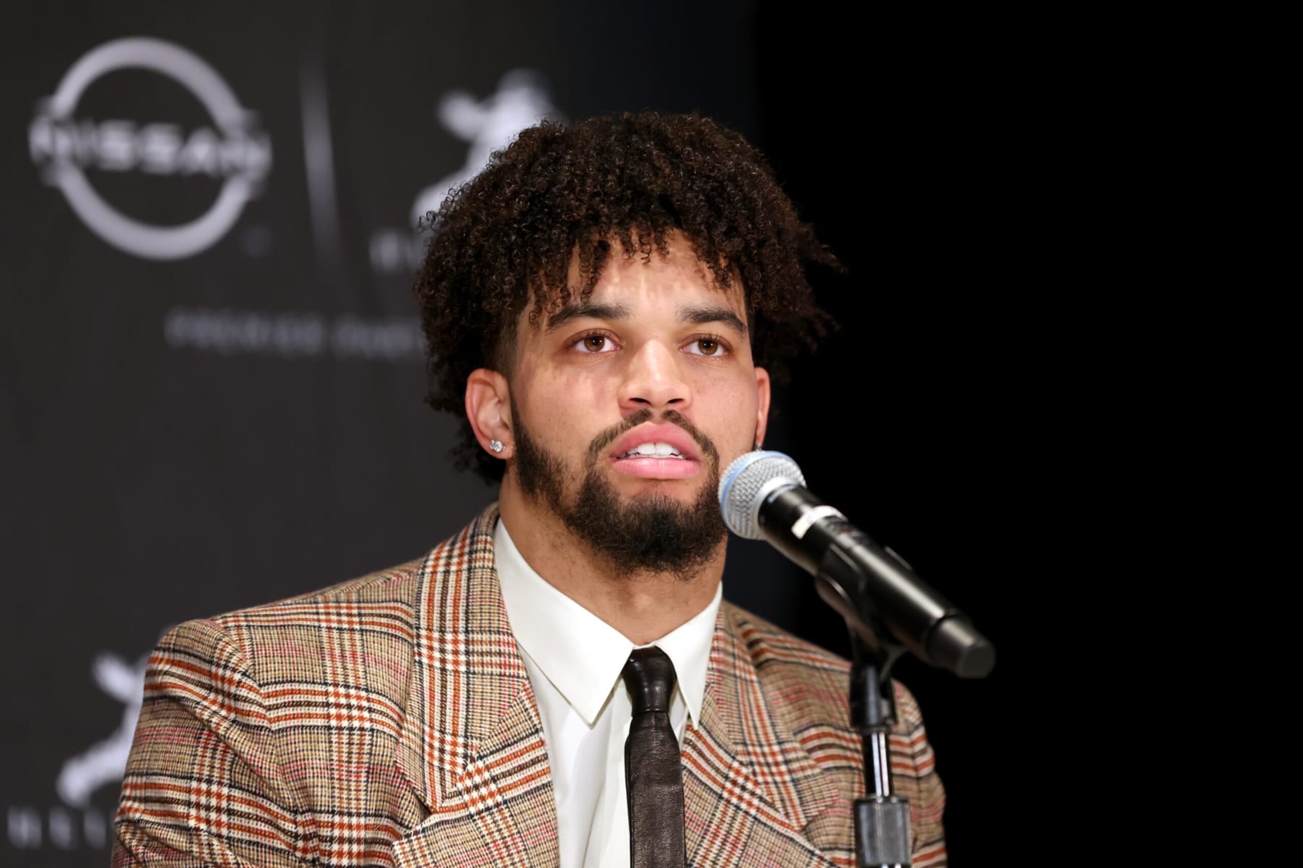 NEW YORK, NEW YORK - DECEMBER 10: Quarterback Caleb Williams of the USC Trojans speaks to the media during a press conference prior to the 2022 Heisman Trophy Presentation at New York Marriott Marquis Hotel on December 10, 2022 in New York City. (Photo by Sarah Stier/Getty Images)