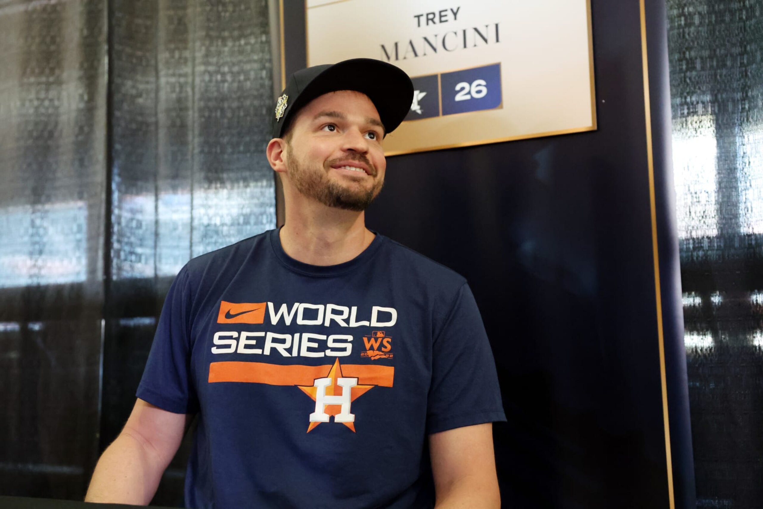 HOUSTON, TX - OCTOBER 27: Trey Mancini #26 of the Houston Astros talks to the media during the 2022 World Series Workout Day at Minute Maid Park on Thursday, October 27, 2022 in Houston, Texas. (Photo by Mary DeCicco/MLB Photos via Getty Images) HOUSTON, TX - OCTOBER 27: Trey Mancini #26 of the Houston Astros talks to the media during the 2022 World Series Workout Day at Minute Maid Park on Thursday, October 27, 2022 in Houston, Texas. (Photo by Mary DeCicco/MLB Photos via Getty Images)