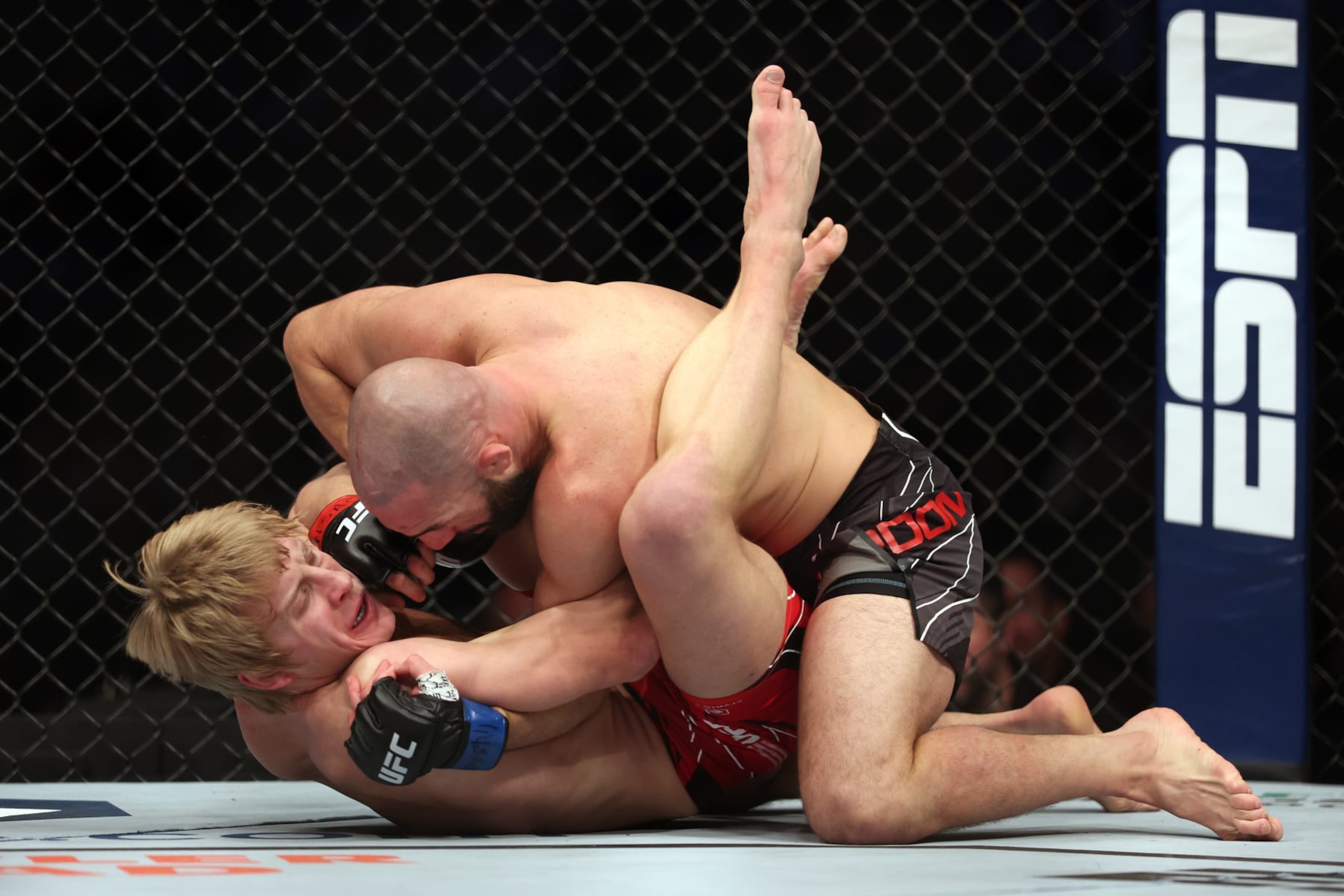 LAS VEGAS, NEVADA - DECEMBER 10: (R-L) Jared Gordon takes down Paddy Pimblett of England in a lightweight fight during the UFC 282 event at T-Mobile Arena on December 10, 2022 in Las Vegas, Nevada. (Photo by Sean M. Haffey/Getty Images)