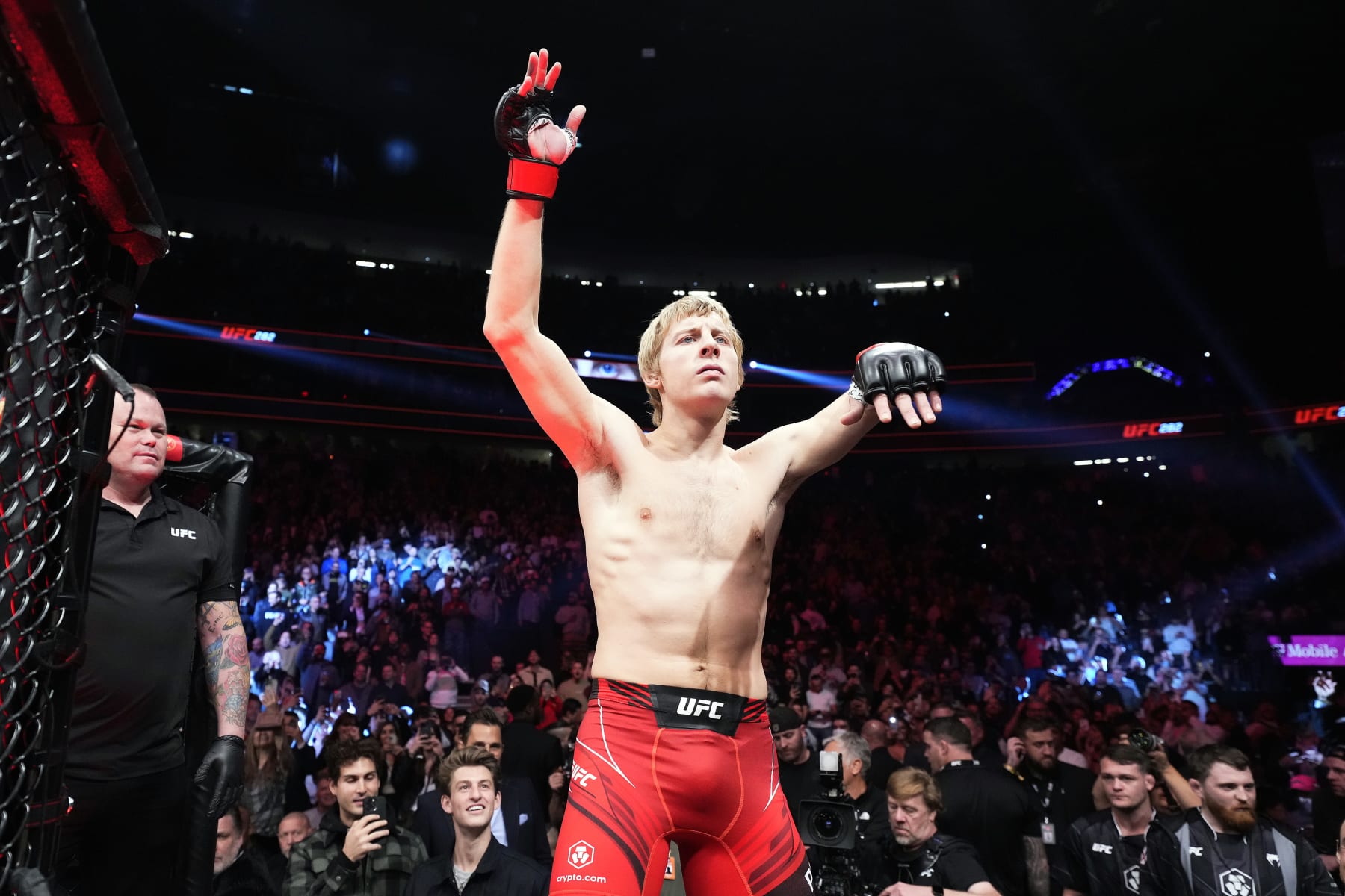 LAS VEGAS, NEVADA - DECEMBER 10: Paddy Pimblett of England interacts with the crowd before entering the Octagon prior to facing Jared Gordon in a lightweight fight during the UFC 282 event at T-Mobile Arena on December 10, 2022 in Las Vegas, Nevada. (Photo by Chris Unger/Zuffa LLC)