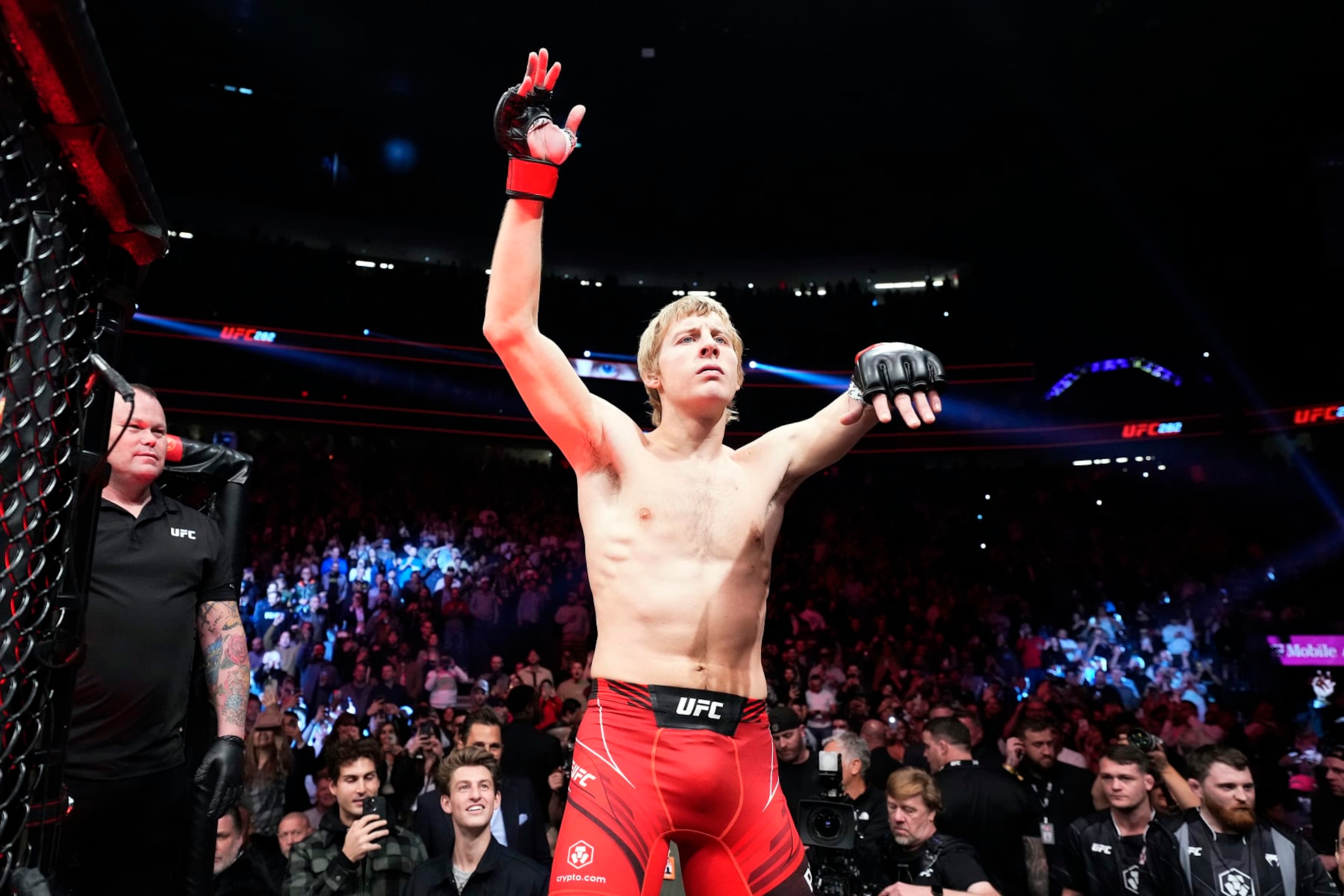 LAS VEGAS, NEVADA - DECEMBER 10: Paddy Pimblett of England interacts with the crowd before entering the Octagon prior to facing Jared Gordon in a lightweight fight during the UFC 282 event at T-Mobile Arena on December 10, 2022 in Las Vegas, Nevada. (Photo by Chris Unger/Zuffa LLC)