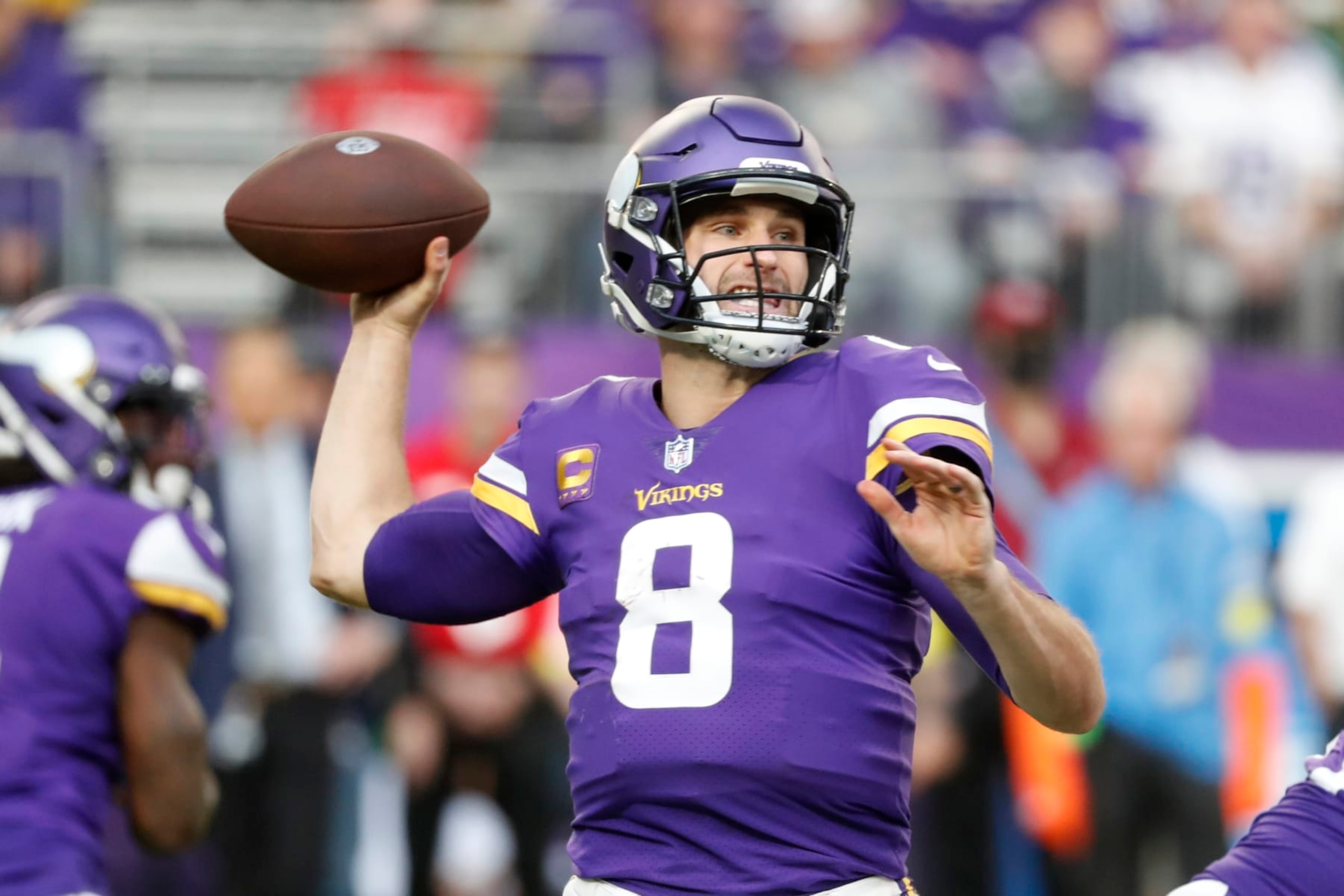 Minnesota Vikings quarterback Kirk Cousins (8) throws a pass during the second half of an NFL football game against the New York Jets, Sunday, Dec. 4, 2022, in Minneapolis. (AP Photo/Bruce Kluckhohn) Minnesota Vikings quarterback Kirk Cousins (8) throws a pass during the second half of an NFL football game against the New York Jets, Sunday, Dec. 4, 2022, in Minneapolis. (AP Photo/Bruce Kluckhohn)