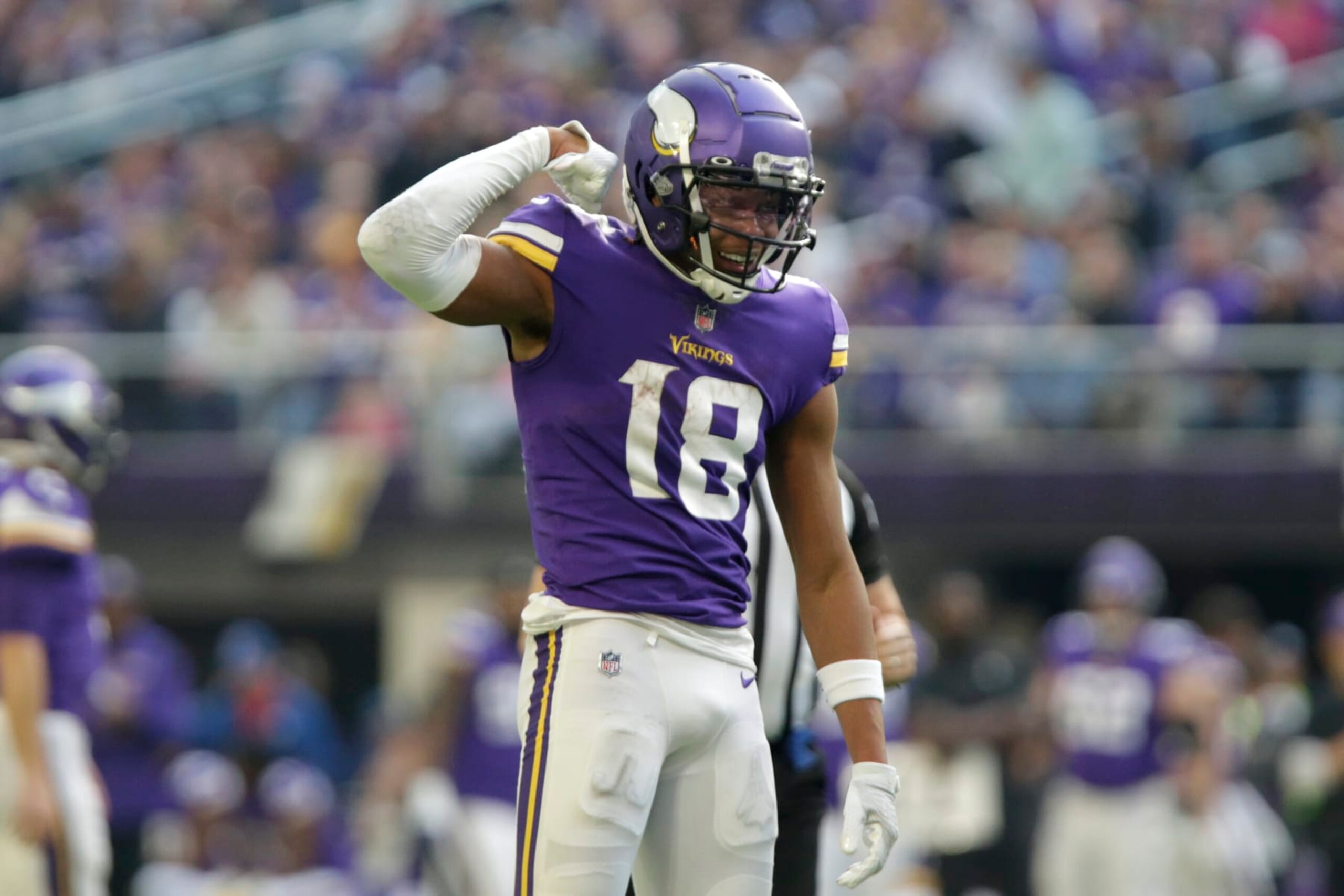 Minnesota Vikings wide receiver Justin Jefferson (18) celebrates after catching a pass for a first down during the first half of an NFL football game against the New York Jets, Sunday, Dec. 4, 2022, in Minneapolis. (AP Photo/Andy Clayton-King) Minnesota Vikings wide receiver Justin Jefferson (18) celebrates after catching a pass for a first down during the first half of an NFL football game against the New York Jets, Sunday, Dec. 4, 2022, in Minneapolis. (AP Photo/Andy Clayton-King)