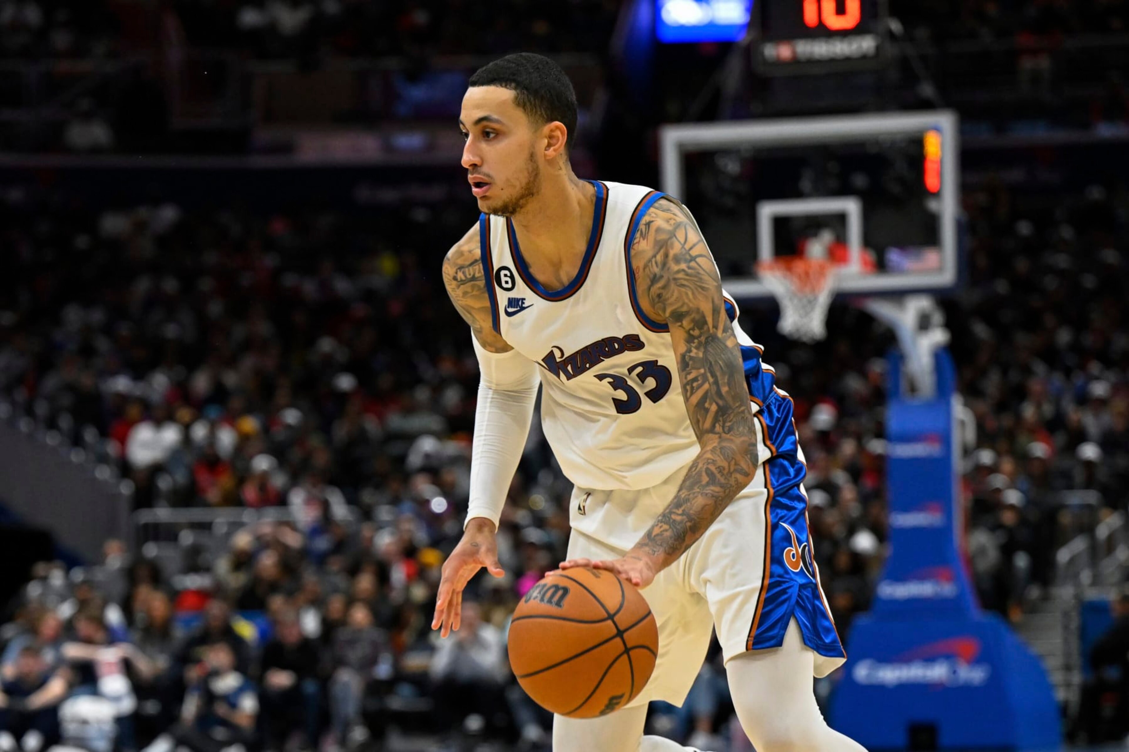 Washington Wizards forward Kyle Kuzma (33) handles the ball during the second half of an NBA basketball game against the Los Angeles Clippers, Saturday, Dec. 10, 2022, in Washington. (AP Photo/Terrance Williams) Washington Wizards forward Kyle Kuzma (33) handles the ball during the second half of an NBA basketball game against the Los Angeles Clippers, Saturday, Dec. 10, 2022, in Washington. (AP Photo/Terrance Williams)