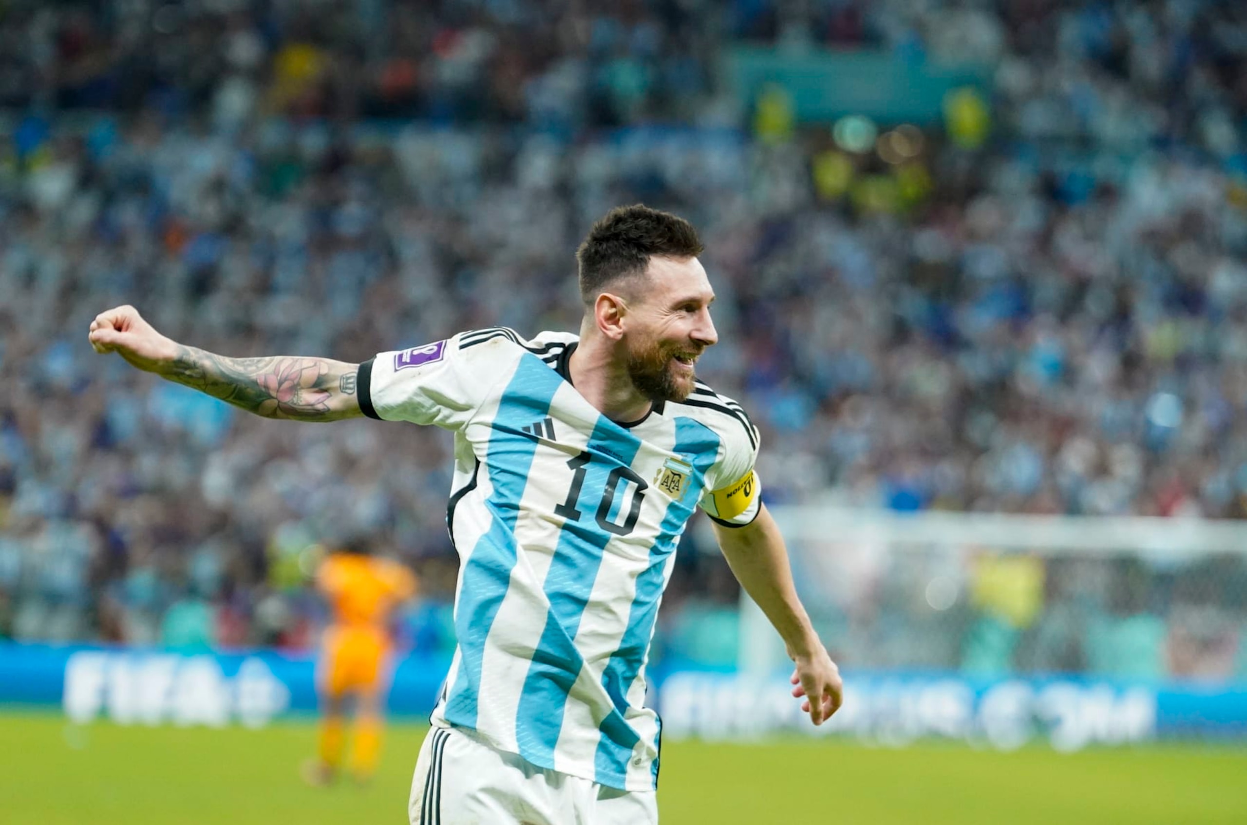 LUSAIL,  - DECEMBER 10: Argentina forward Lionel Messi (10) celebrates after defeating the Netherlands in a shootout to win the quarterfinal FIFA World Cup 2022 match at Lusail Stadium in Lusail on Friday, December 9, 2022. (Photo by Jabin Botsford/The Washington Post via Getty Images)
