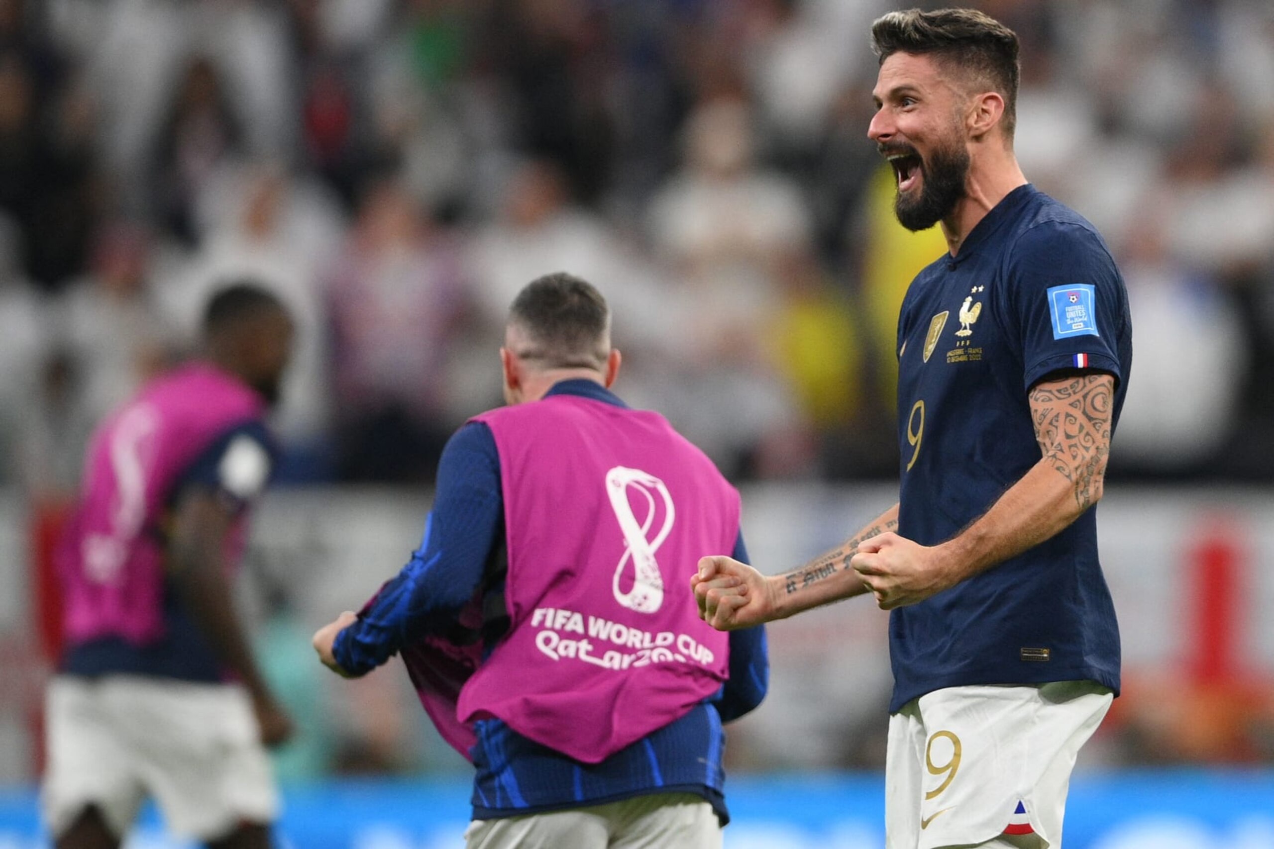 France's forward #09 Olivier Giroud celebrates after his team won the Qatar 2022 World Cup quarter-final football match between England and France at the Al-Bayt Stadium in Al Khor, north of Doha, on December 10, 2022. (Photo by FRANCK FIFE / AFP) (Photo by FRANCK FIFE/AFP via Getty Images)