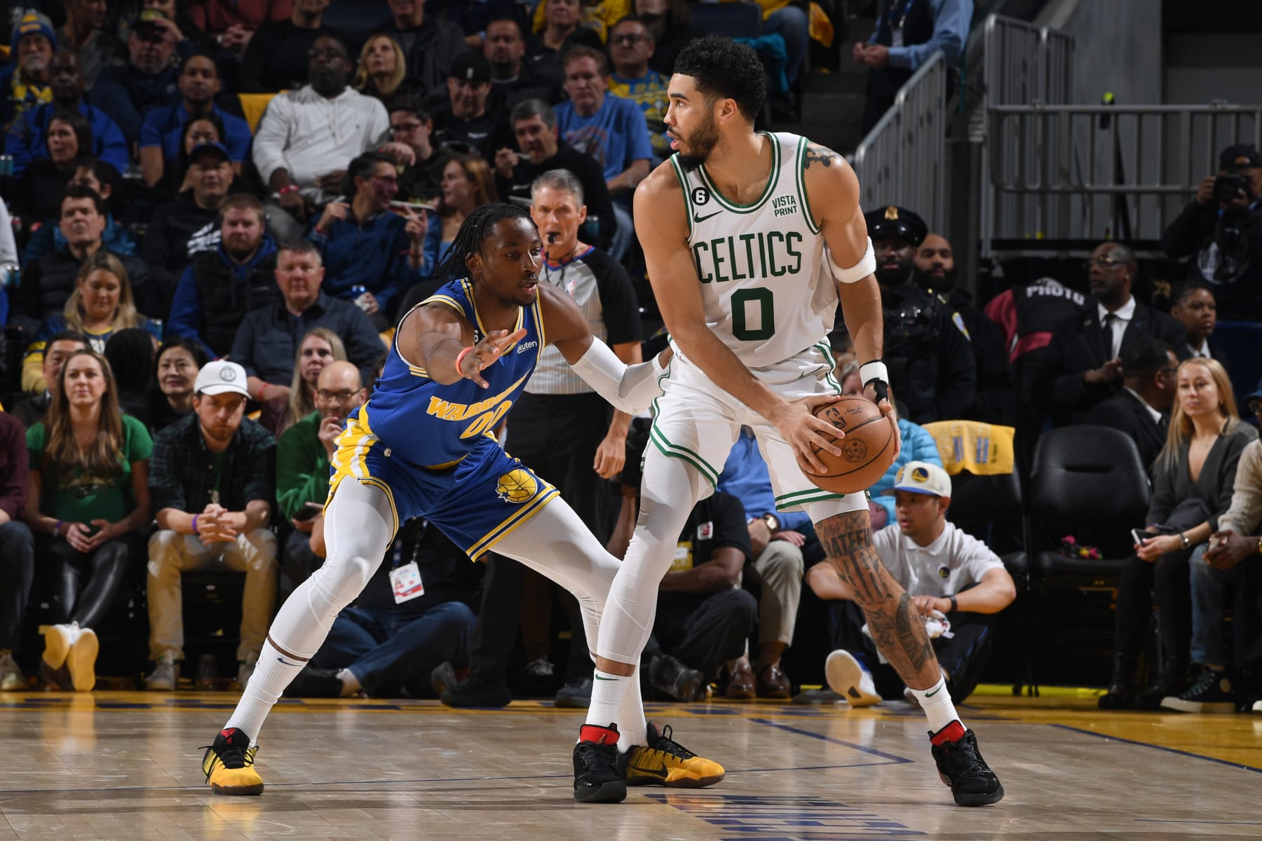 SAN FRANCISCO, CA - DECEMBER 10: Jayson Tatum #0 of the Boston Celtics dribbles the ball during the game against the Golden State Warriors on December 10, 2022 at Chase Center in San Francisco, California. NOTE TO USER: User expressly acknowledges and agrees that, by downloading and or using this photograph, user is consenting to the terms and conditions of Getty Images License Agreement. Mandatory Copyright Notice: Copyright 2022 NBAE (Photo by Noah Graham/NBAE via Getty Images)
