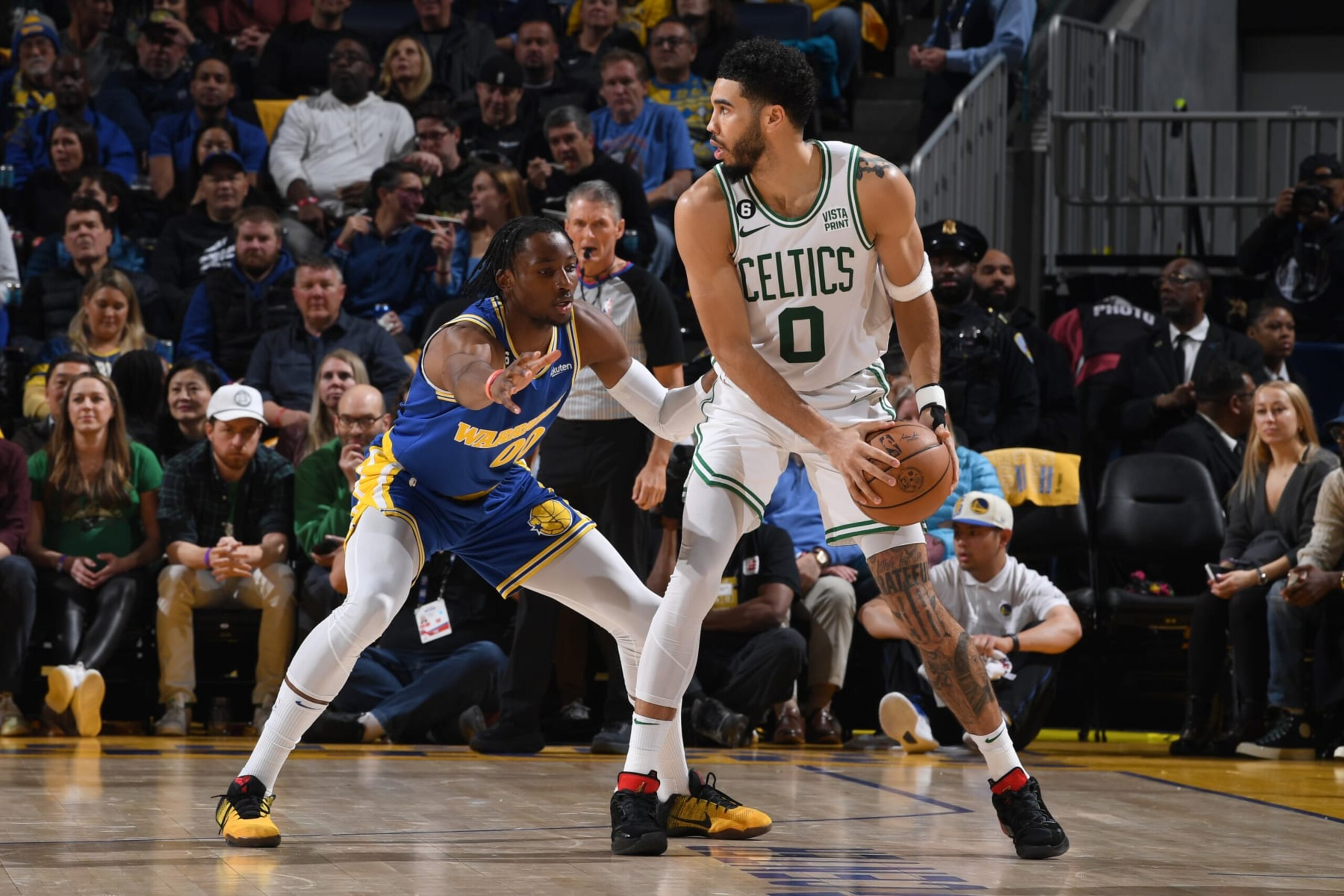 SAN FRANCISCO, CA - DECEMBER 10: Jayson Tatum #0 of the Boston Celtics dribbles the ball during the game against the Golden State Warriors on December 10, 2022 at Chase Center in San Francisco, California. NOTE TO USER: User expressly acknowledges and agrees that, by downloading and or using this photograph, user is consenting to the terms and conditions of Getty Images License Agreement. Mandatory Copyright Notice: Copyright 2022 NBAE (Photo by Noah Graham/NBAE via Getty Images)