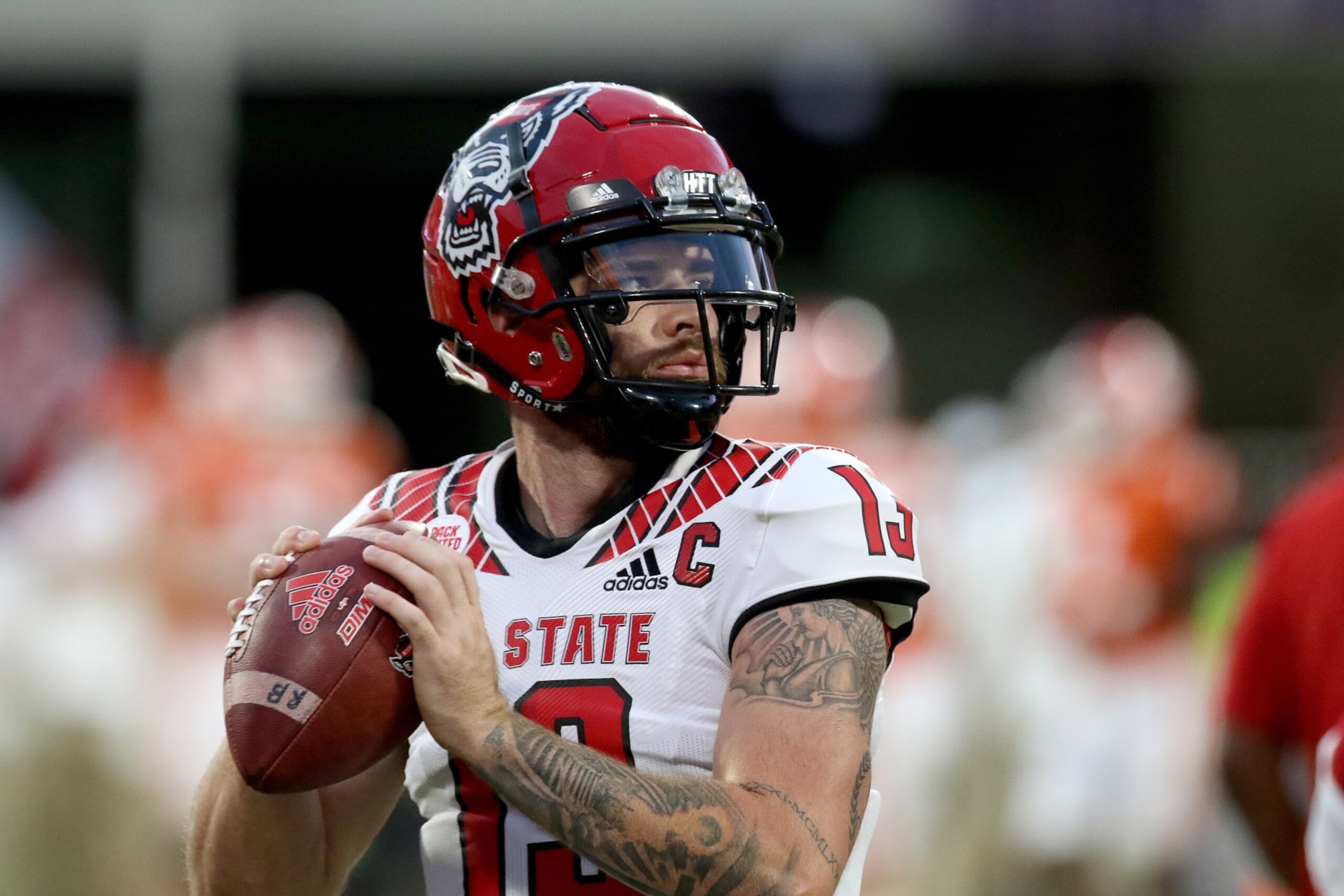 CLEMSON, SC - OCTOBER 01: N.C. State quarterback Devin Leary (13) during a college football game between the N.C. State Wolfpack and the Clemson Tigers on October 1, 2022 at Clemson Memorial Stadium in Clemson, S.C. (Photo by John Byrum/Icon Sportswire via Getty Images)